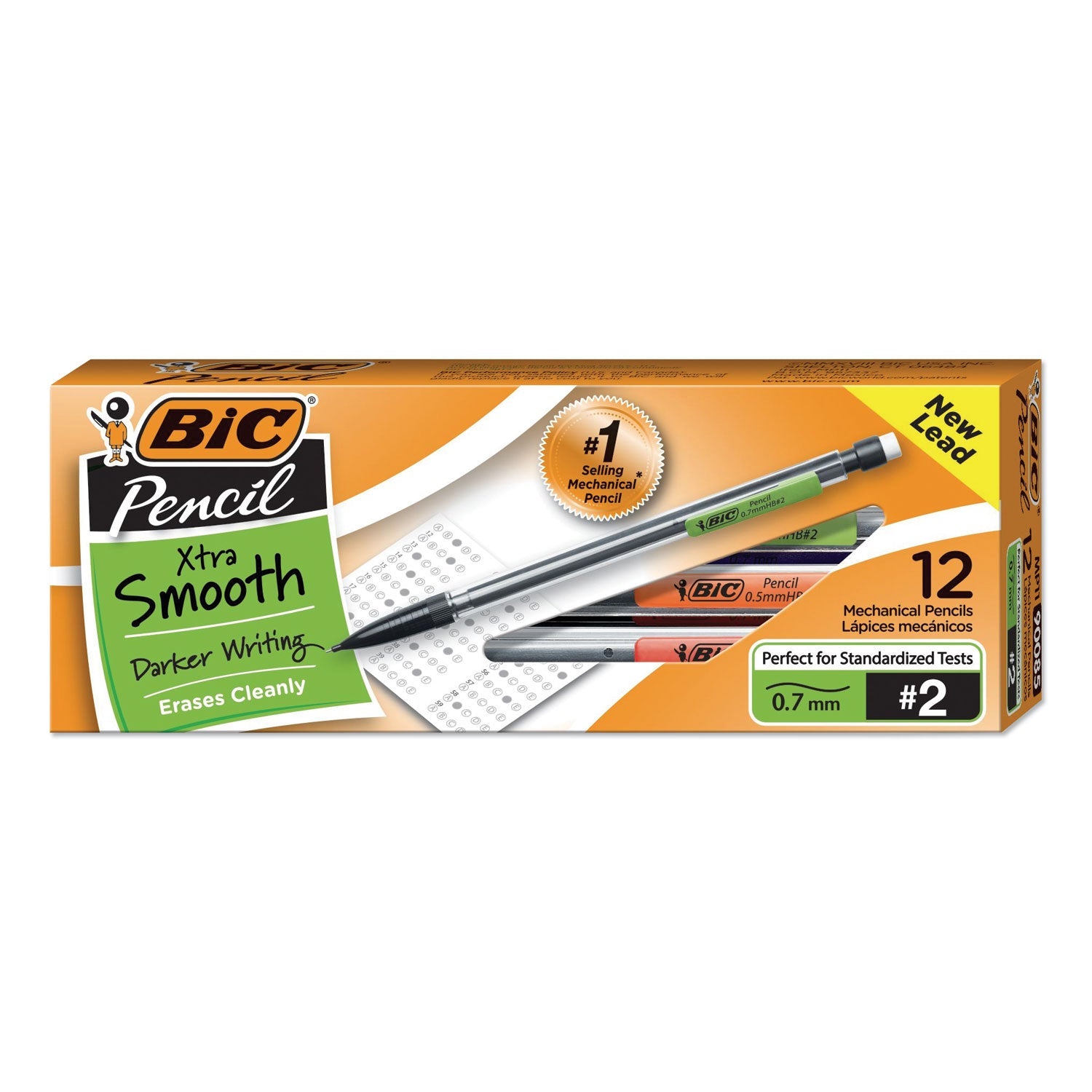 BIC® Xtra Smooth Mechanical Pencils with Tube of Lead, 0.7 mm, HB (#2), Black Lead, Clear Barrel, Dozen