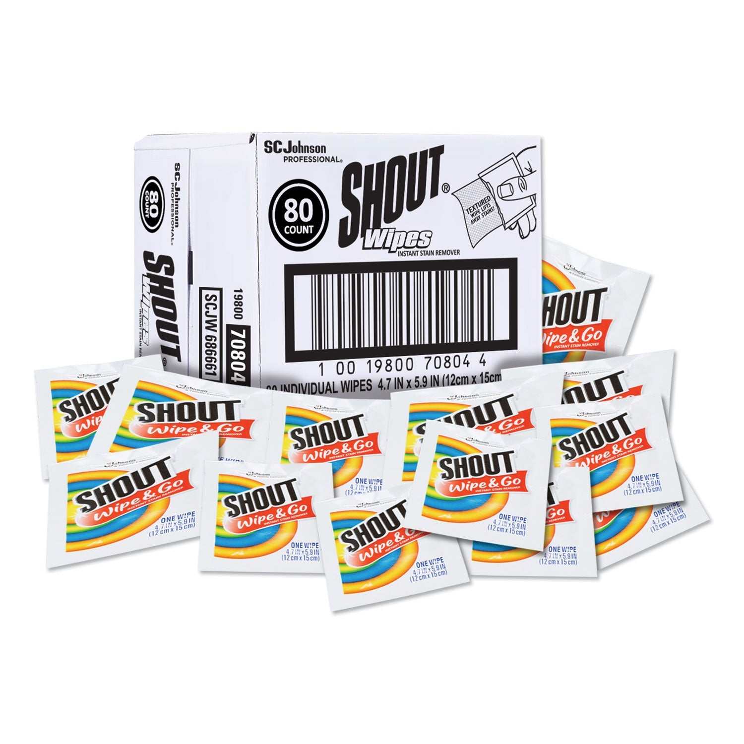Shout® Wipe and Go Instant Stain Remover, 4.7 x 5.9, Unscented, White, 80 Packets/Carton