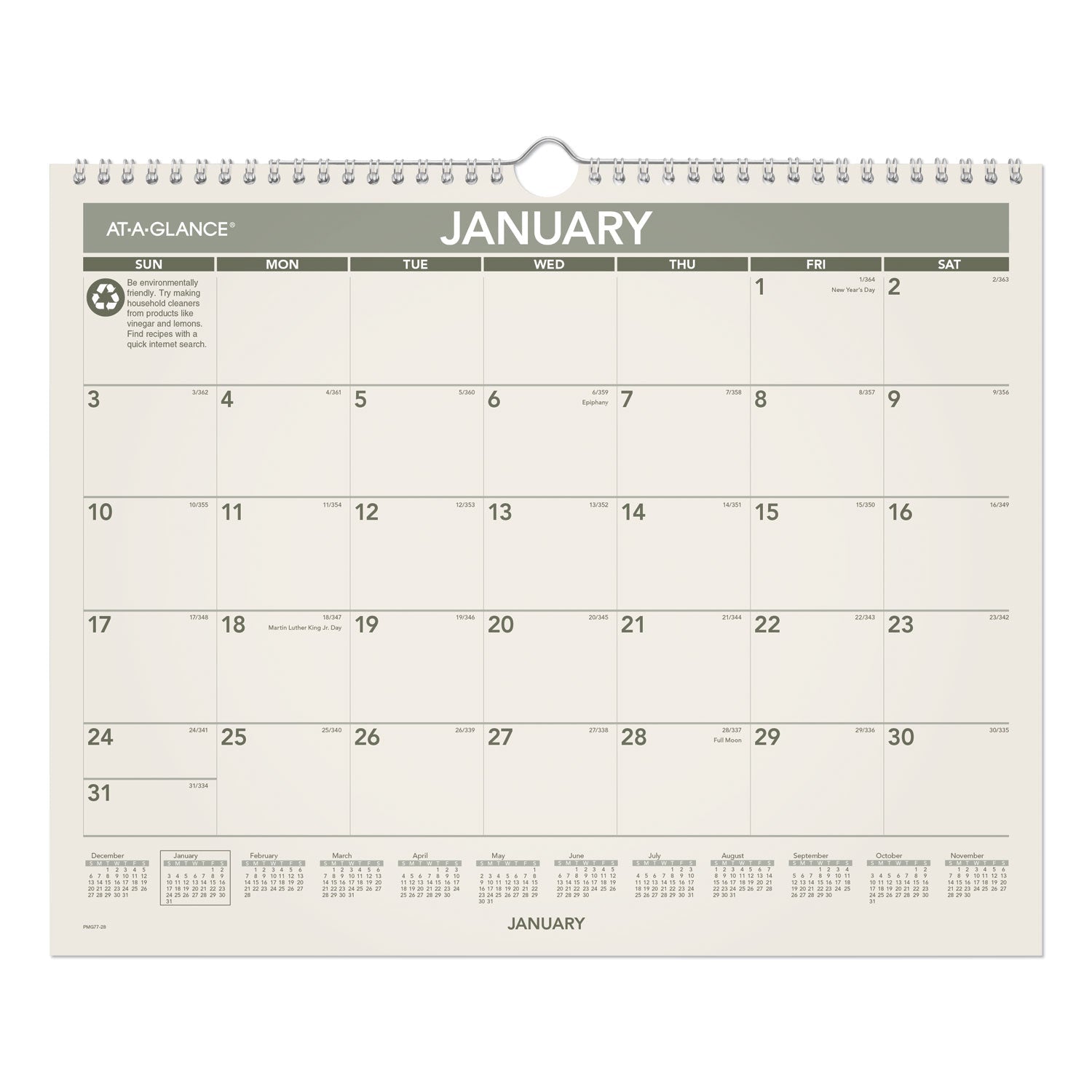 AT-A-GLANCE® Recycled Wall Calendar, Unruled Blocks, 15 x 12, Sand/Green Sheets, 12-Month (Jan to Dec): 2025