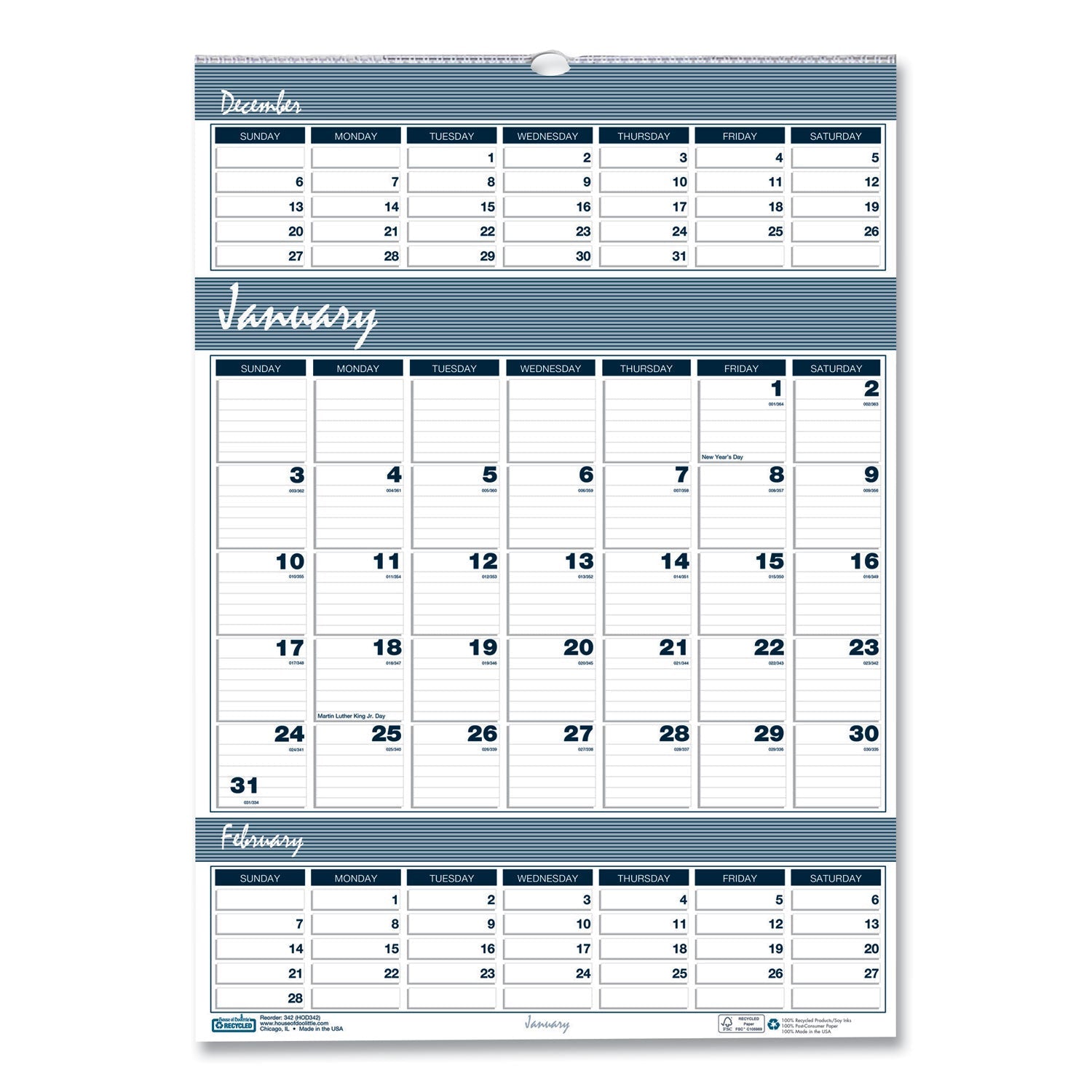 3-Months-per-Page Wall Calendar | 12x17, 2024-26