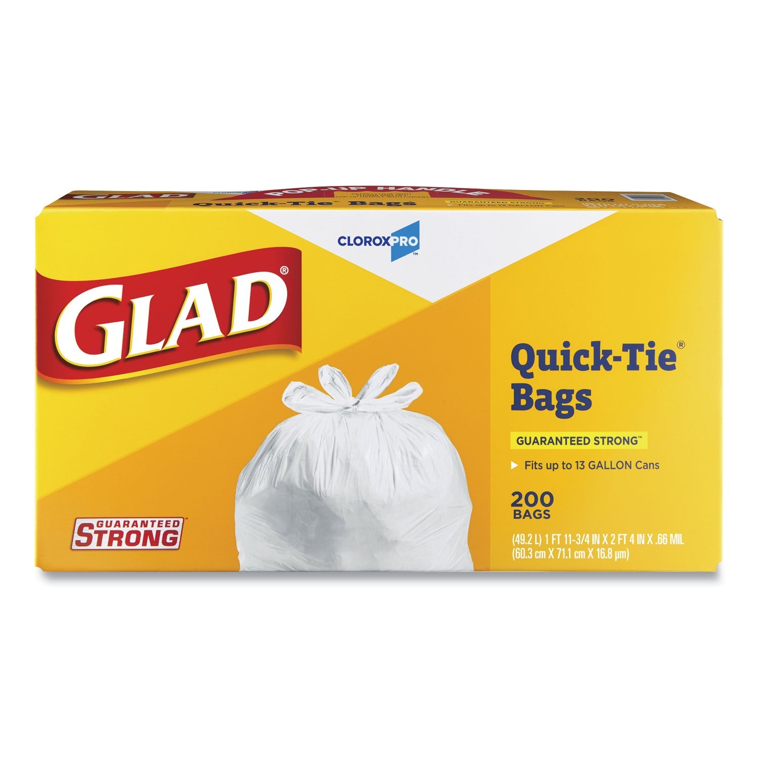 Glad® Tall Kitchen Quick-Tie Bags, Tie-Flap, 13 gal, 23.75" x 28", White, 200/Box