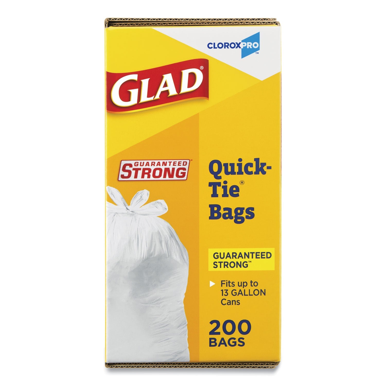 Glad® Tall Kitchen Quick-Tie Bags, Tie-Flap, 13 gal, 23.75" x 28", White, 200/Box
