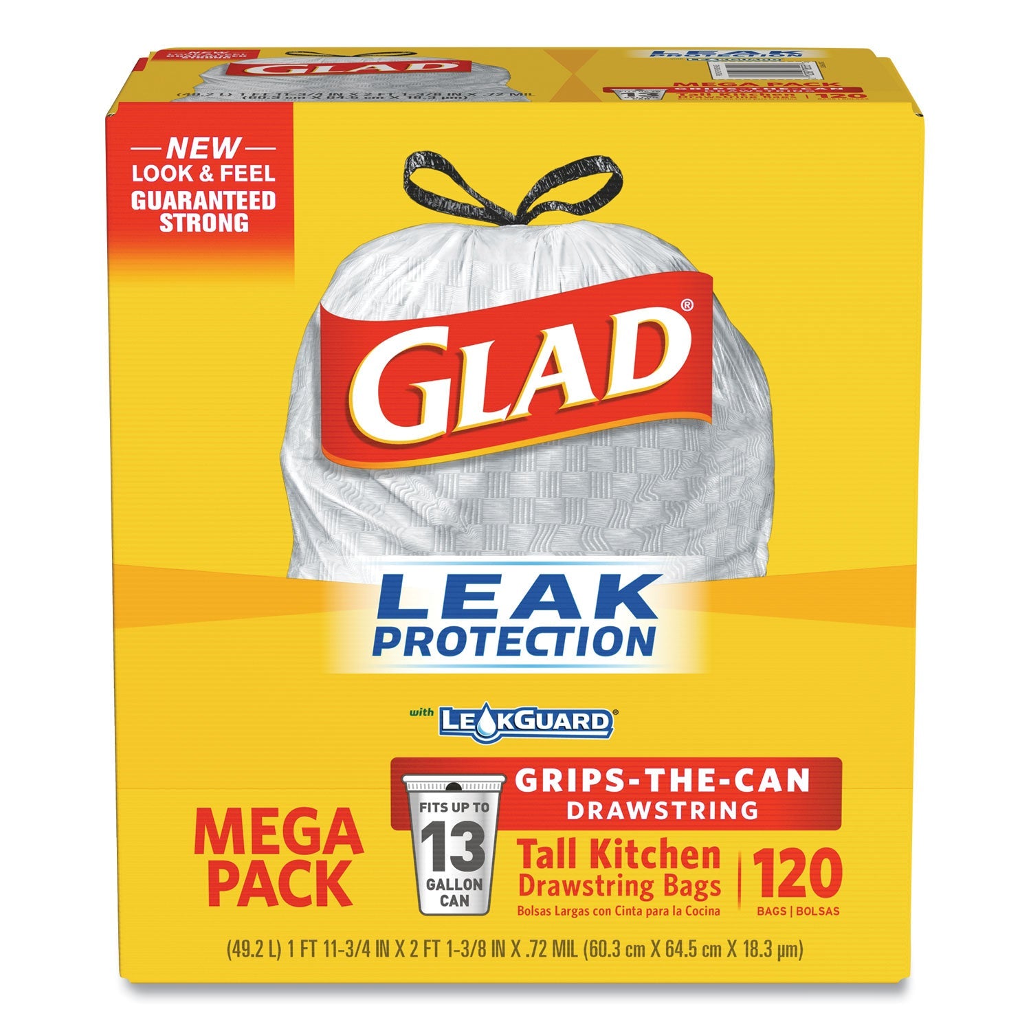 Glad® Tall Kitchen Drawstring Trash Bags with LeakGuard, 13 gal, Unscented, 23.75" x 25.38", White, 120/Box
