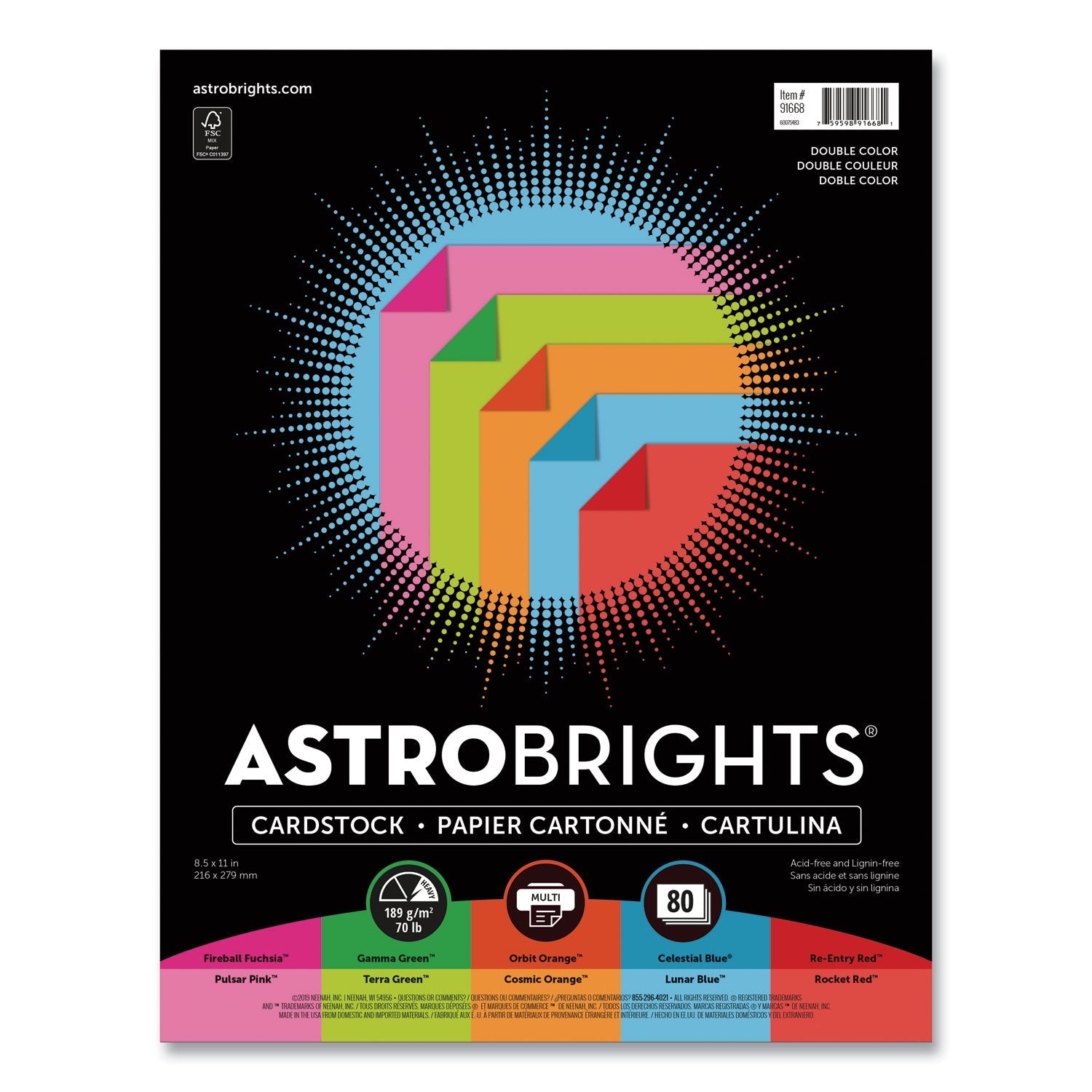 Astrobrights® Double-Color Card Stock, 70 lb Cover Weight, Assorted Colors, 8.5 x 11, 80/Pack