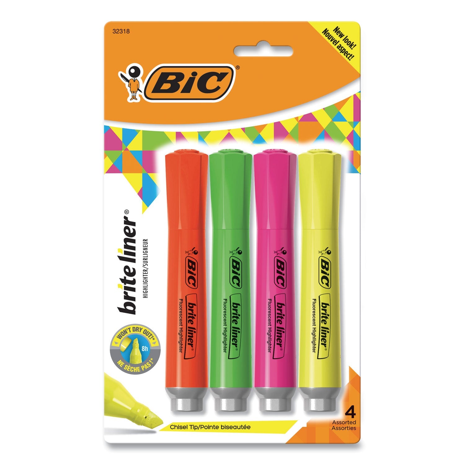 BIC® Brite Liner Tank-Style Highlighter, Assorted Ink Colors, Chisel Tip, Assorted Barrel Colors, 4/set