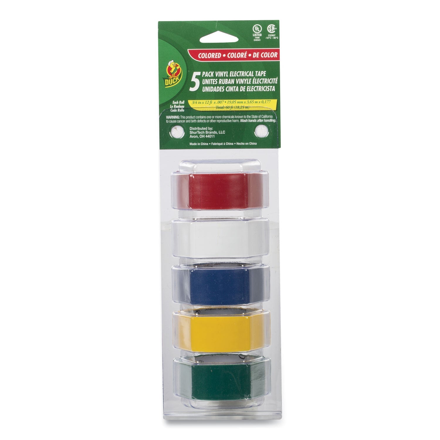Duck® Electrical Tape, 1" Core, 0.75" X 12 Ft, Assorted Colors, 5/pack