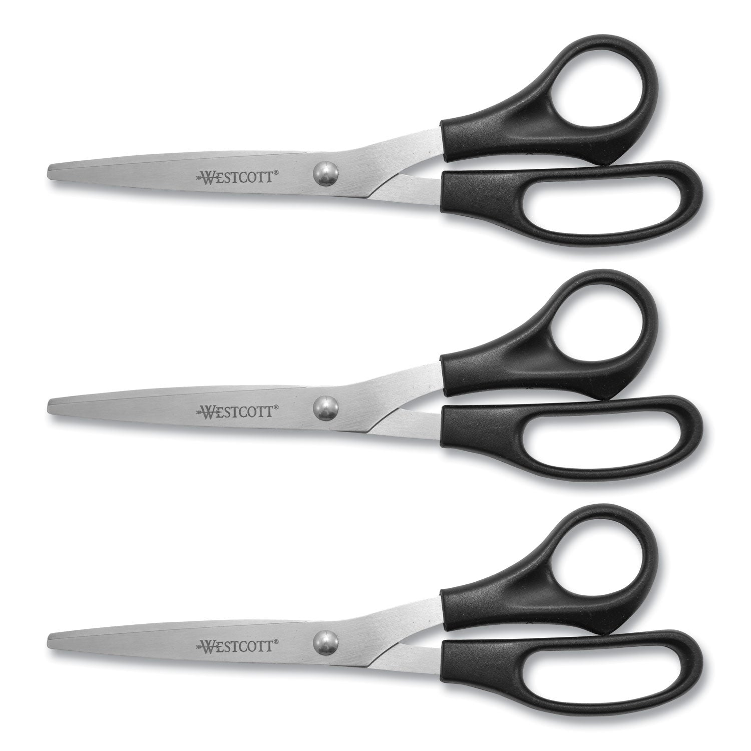 Westcott® All Purpose Stainless Steel Scissors, 8" Long, 3.5" Cut Length, Offset Black Handle, 3/Pack