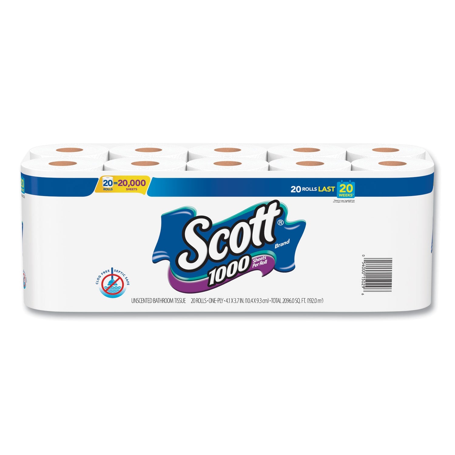 Scott® Standard Roll Bathroom Tissue, Septic Safe, 1-Ply, White, 1,000 Sheets/Roll, 20/Pack, 2 Packs/Carton