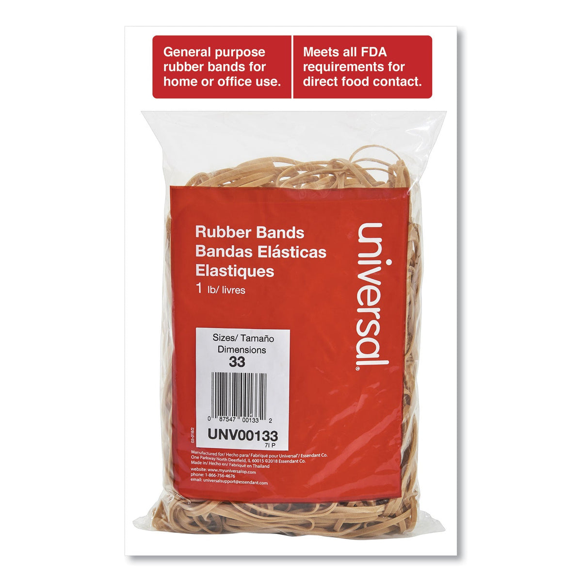 Universal® Rubber Bands, Size 33, 0.04" Gauge, Beige, 1 Lb Box, 640/pack