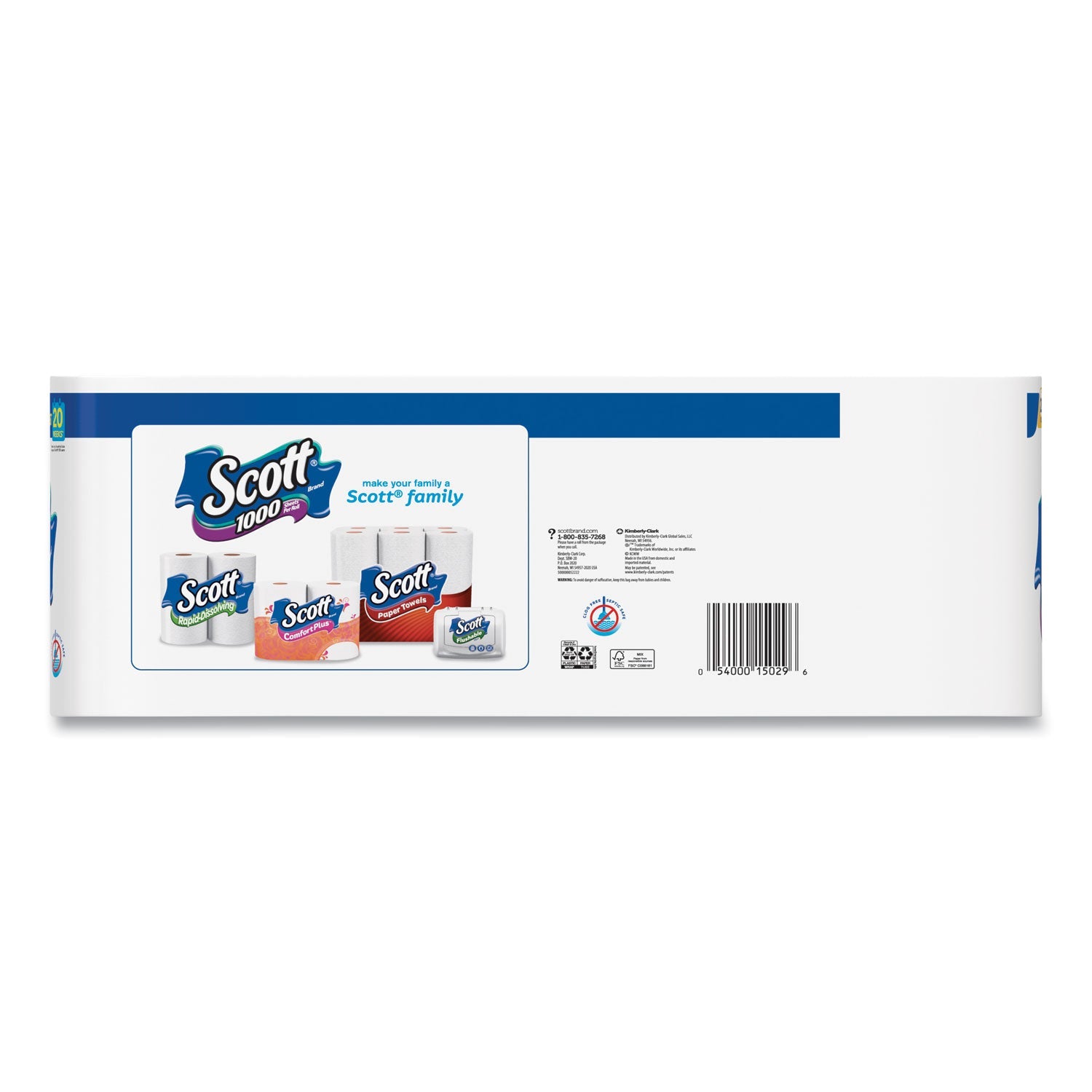 Scott® 1000 Bathroom Tissue, Septic Safe, 1-Ply, White, 1,000 Sheet/Roll, 20/Pack