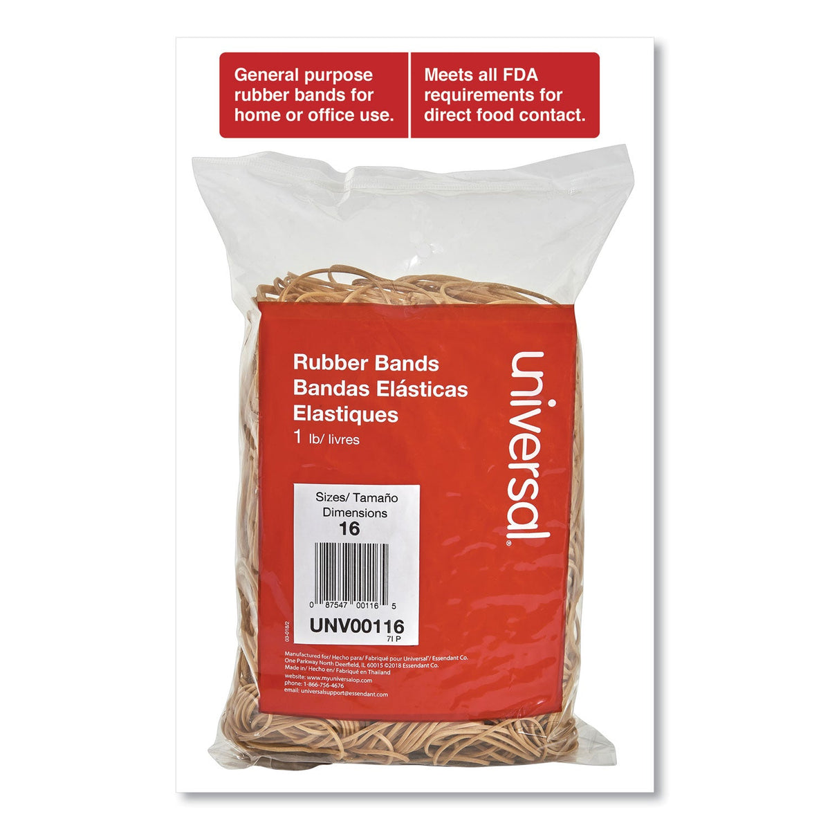 Universal® Rubber Bands, Size 16, 0.04" Gauge, Beige, 1 Lb Box, 1,900/pack