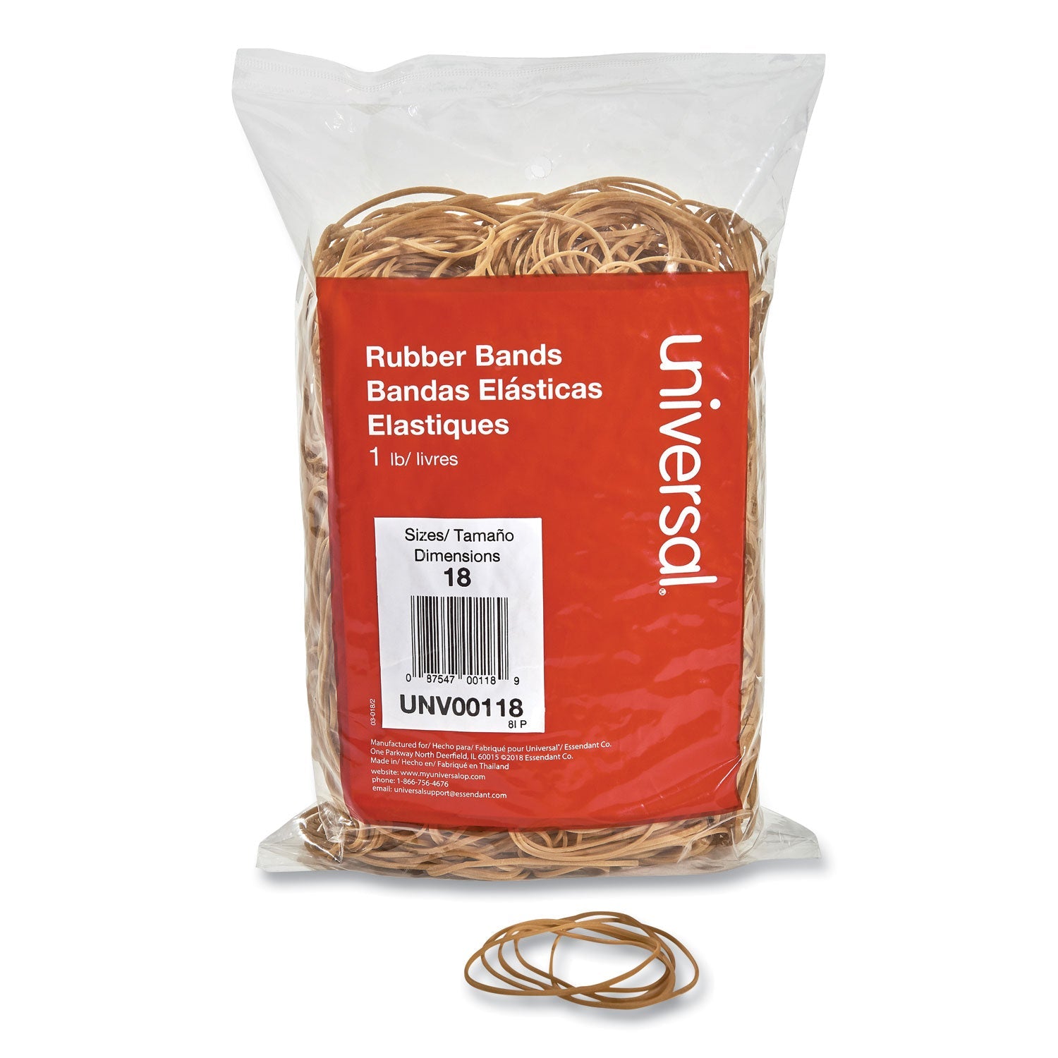 Universal® Rubber Bands, Size 18, 0.04" Gauge, Beige, 1 Lb Box, 1,600/pack