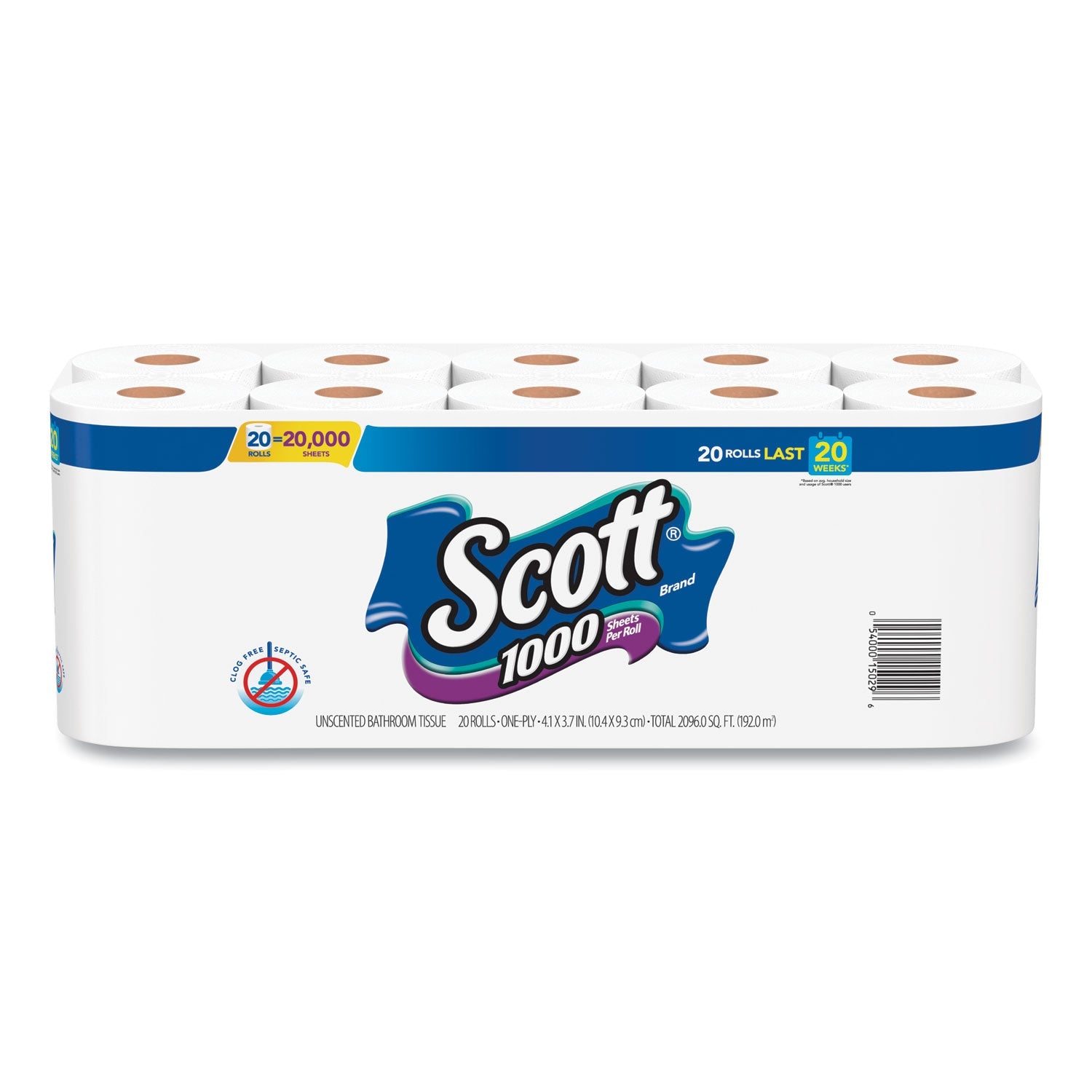 Scott® 1000 Bathroom Tissue, Septic Safe, 1-Ply, White, 1,000 Sheet/Roll, 20/Pack