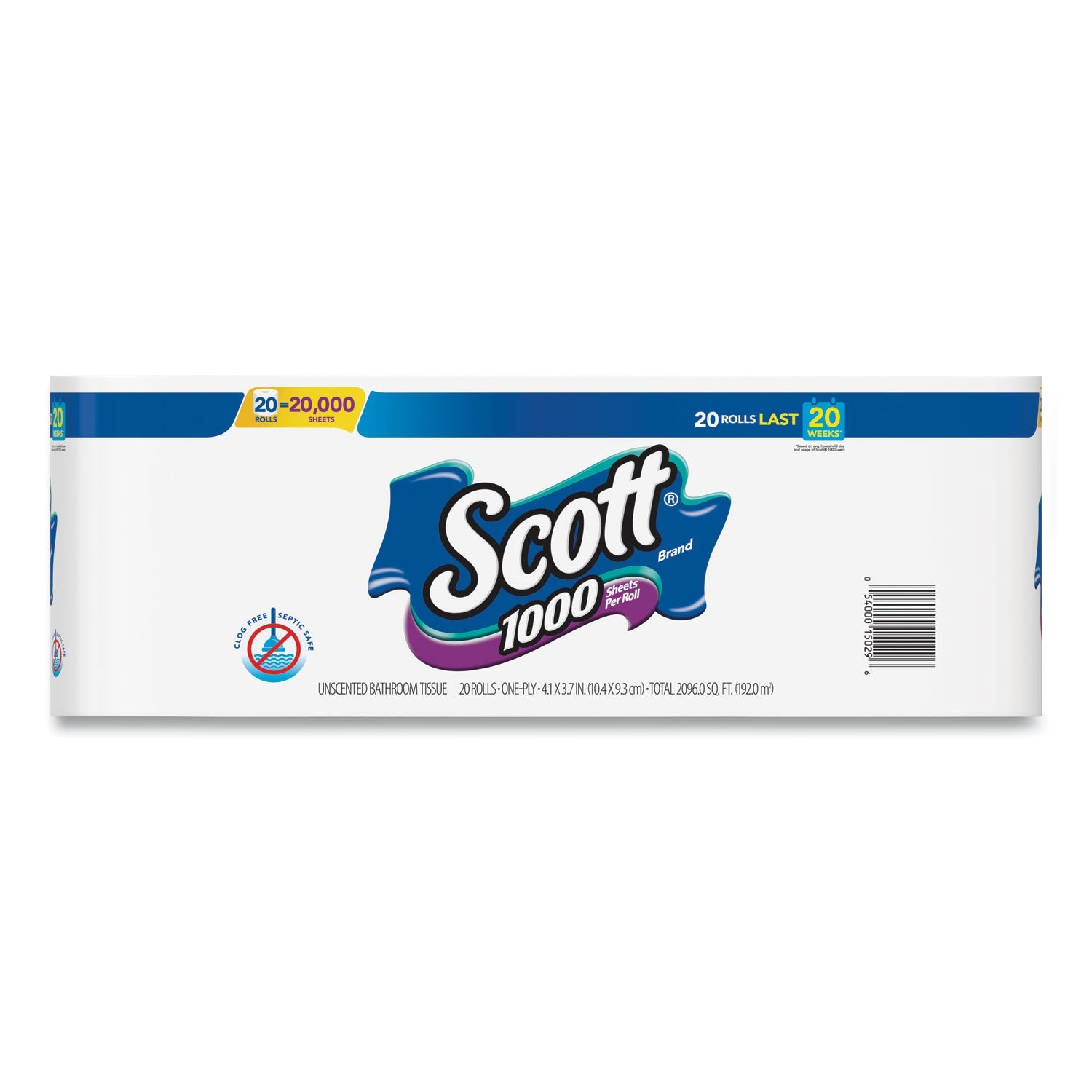 Scott® 1000 Bathroom Tissue, Septic Safe, 1-Ply, White, 1,000 Sheet/Roll, 20/Pack