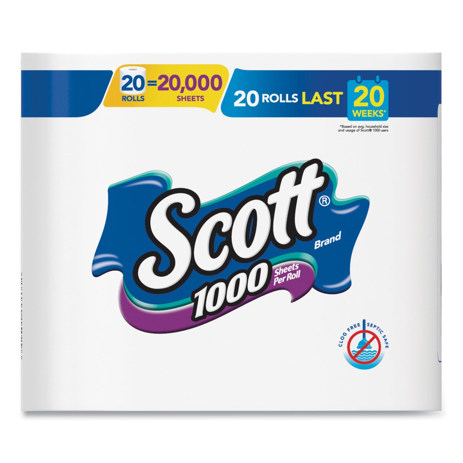 Scott® 1000 Bathroom Tissue, Septic Safe, 1-Ply, White, 1,000 Sheet/Roll, 20/Pack