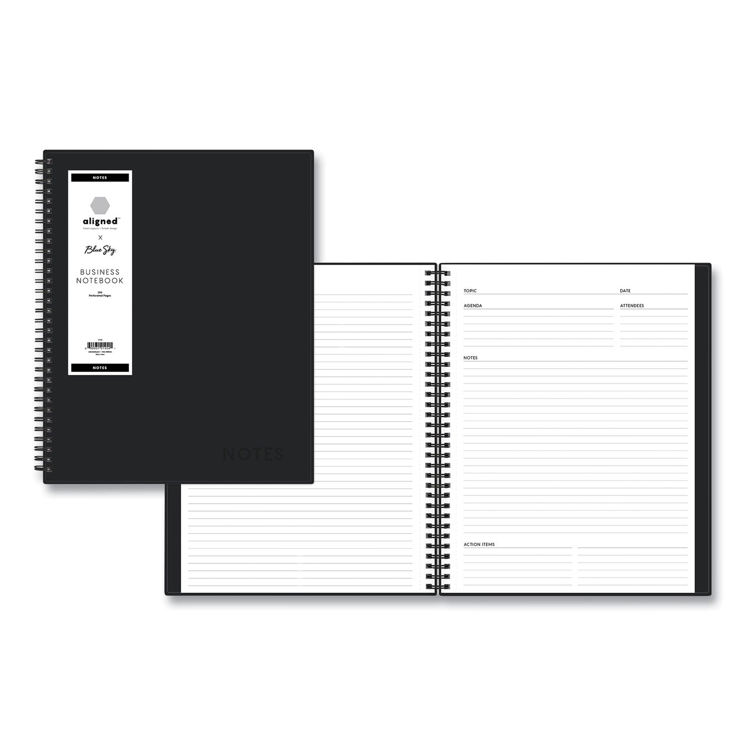 Blue Sky® Aligned Business Notebook, 1-Subject, Meeting-Minutes/Notes Format with Narrow Rule, Black Cover, (78) 11 x 8.5 Sheets