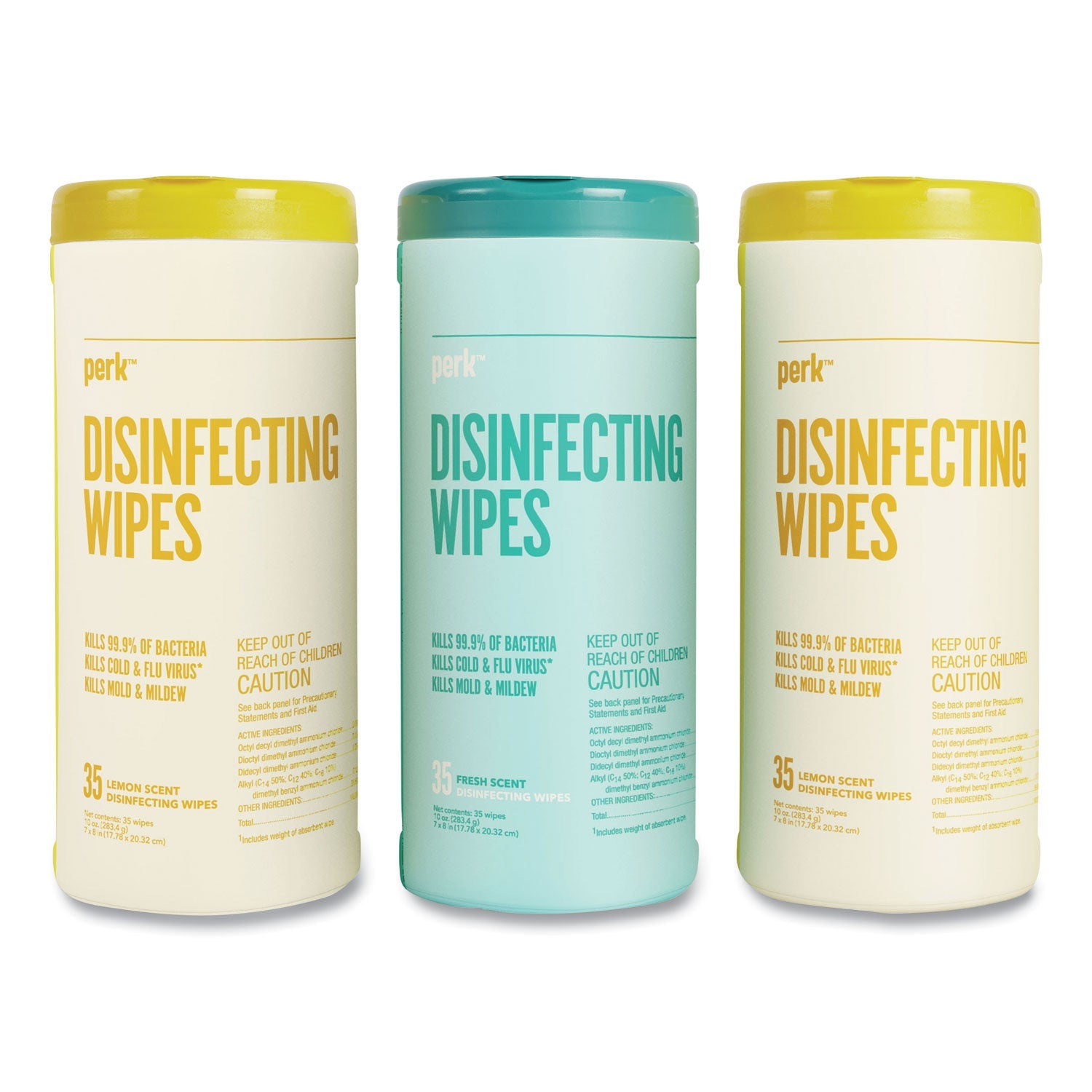 Perk™ Disinfecting Wipes, 7 x 8, Fresh/Lemon, White, 35 Wipes/Canister, 3 Canisters/Pack