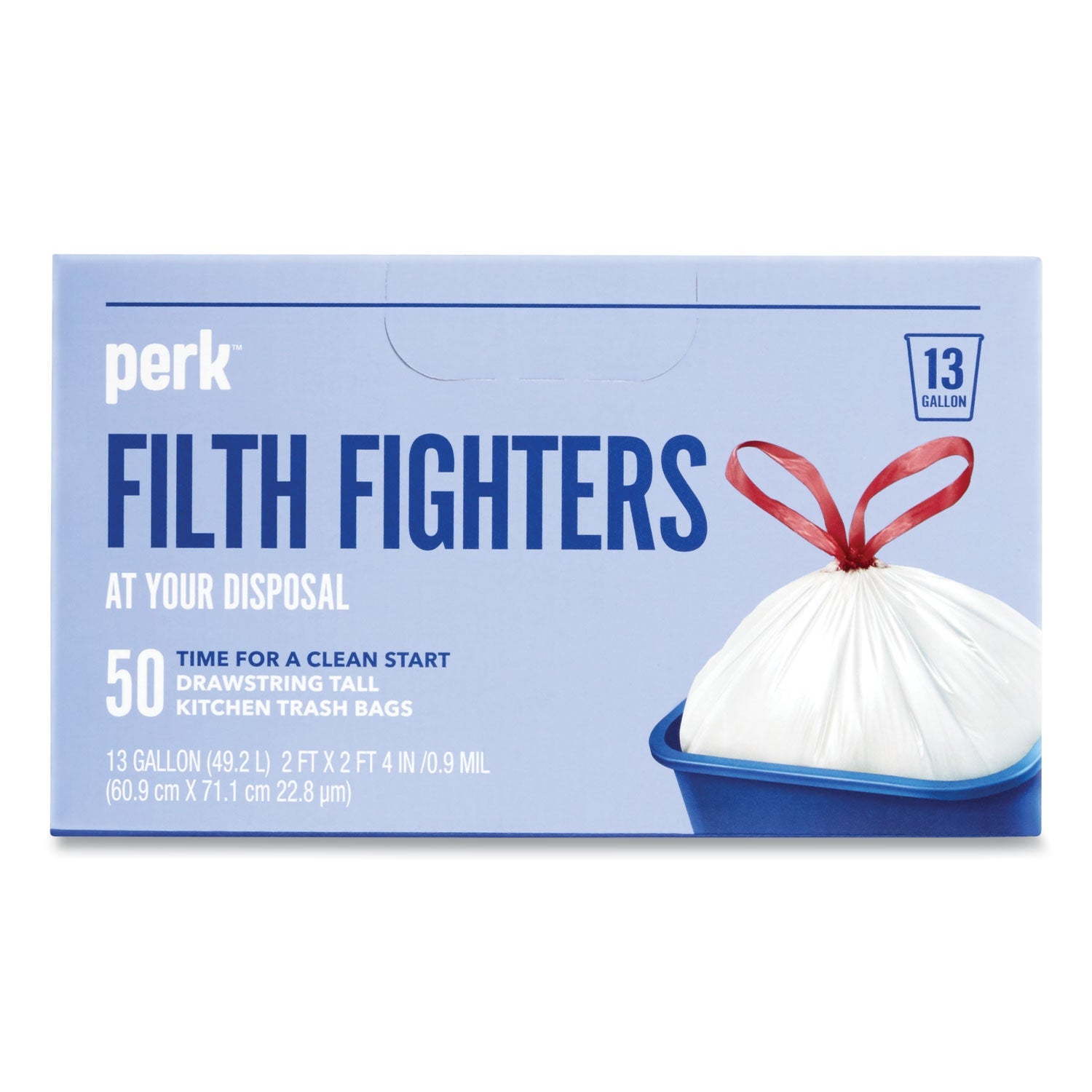 Perk™ Drawstring Tall Kitchen Trash Bags, 13 gal, 28" x 24", White, 50/Box