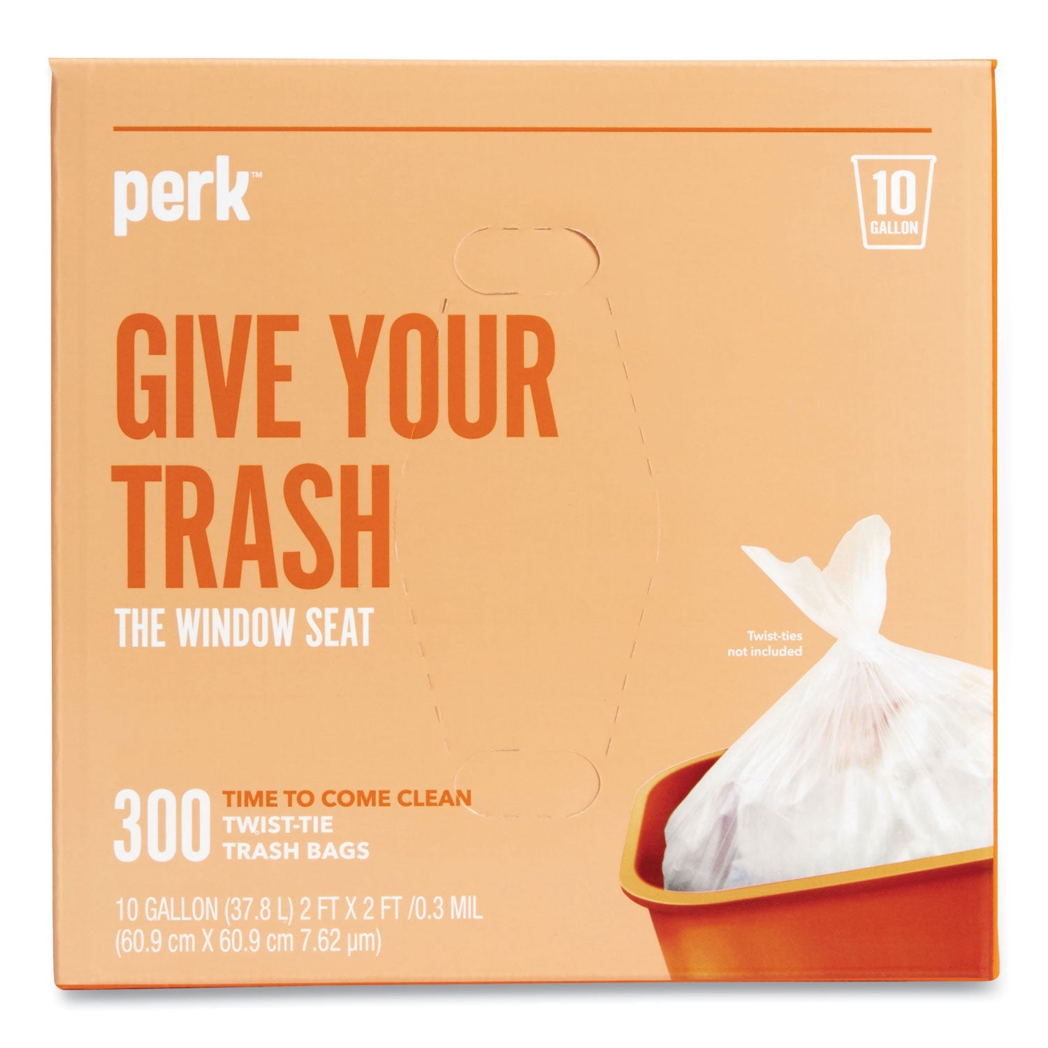Perk™ Twist-Tie Light-Duty Can Liners, 10 gal, 0.36 mil, 24" x 24", Clear, Flat Pack, 300/Box
