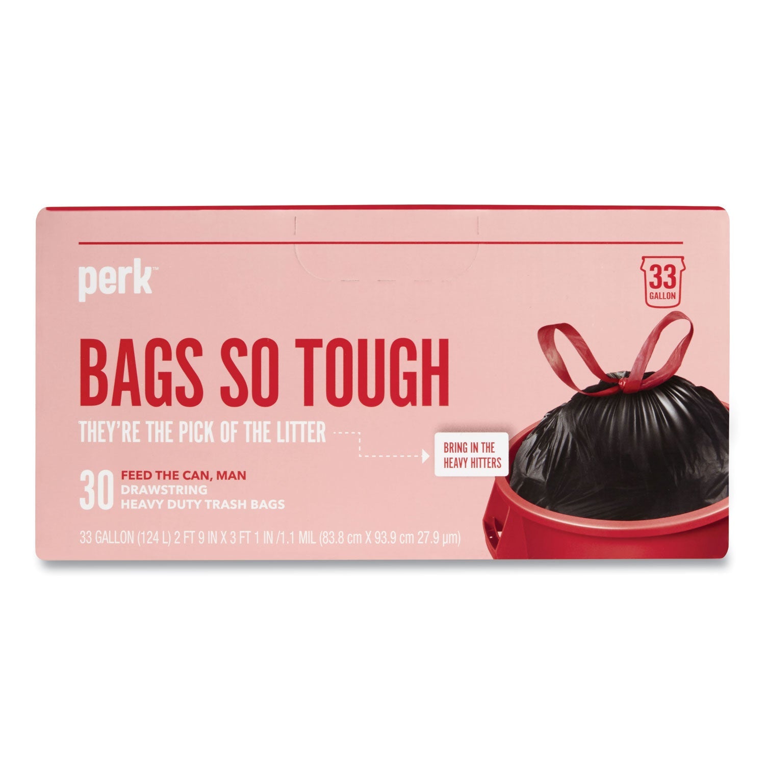 Perk™ Drawstring Heavy-Duty Trash Bags, 33 Gal, 1.1 Mil, 37" X 33", Black, 30/box