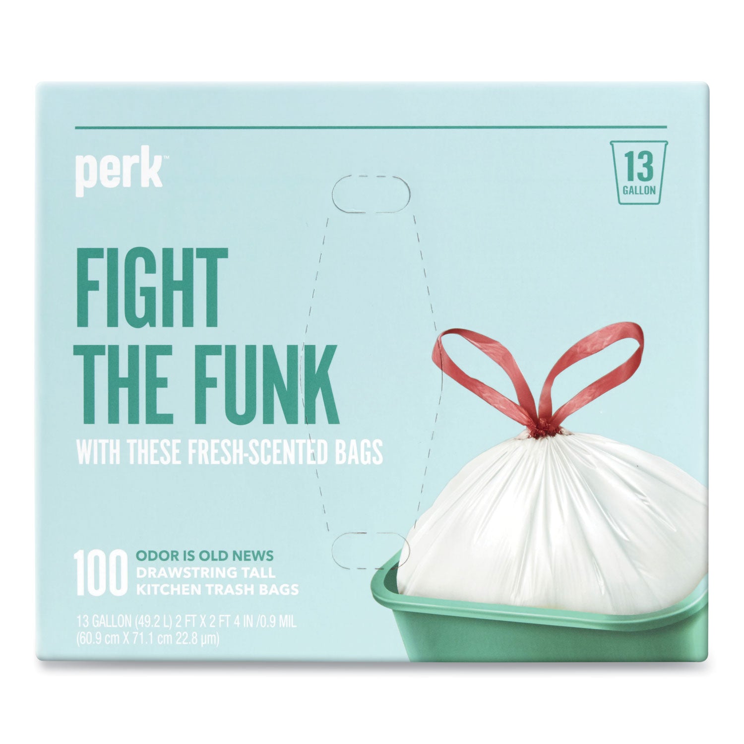 Perk™ Scented Drawstring Tall Kitchen Trash Bags, 13 gal, Fresh Scent, 28" x 24", White, 100/Box