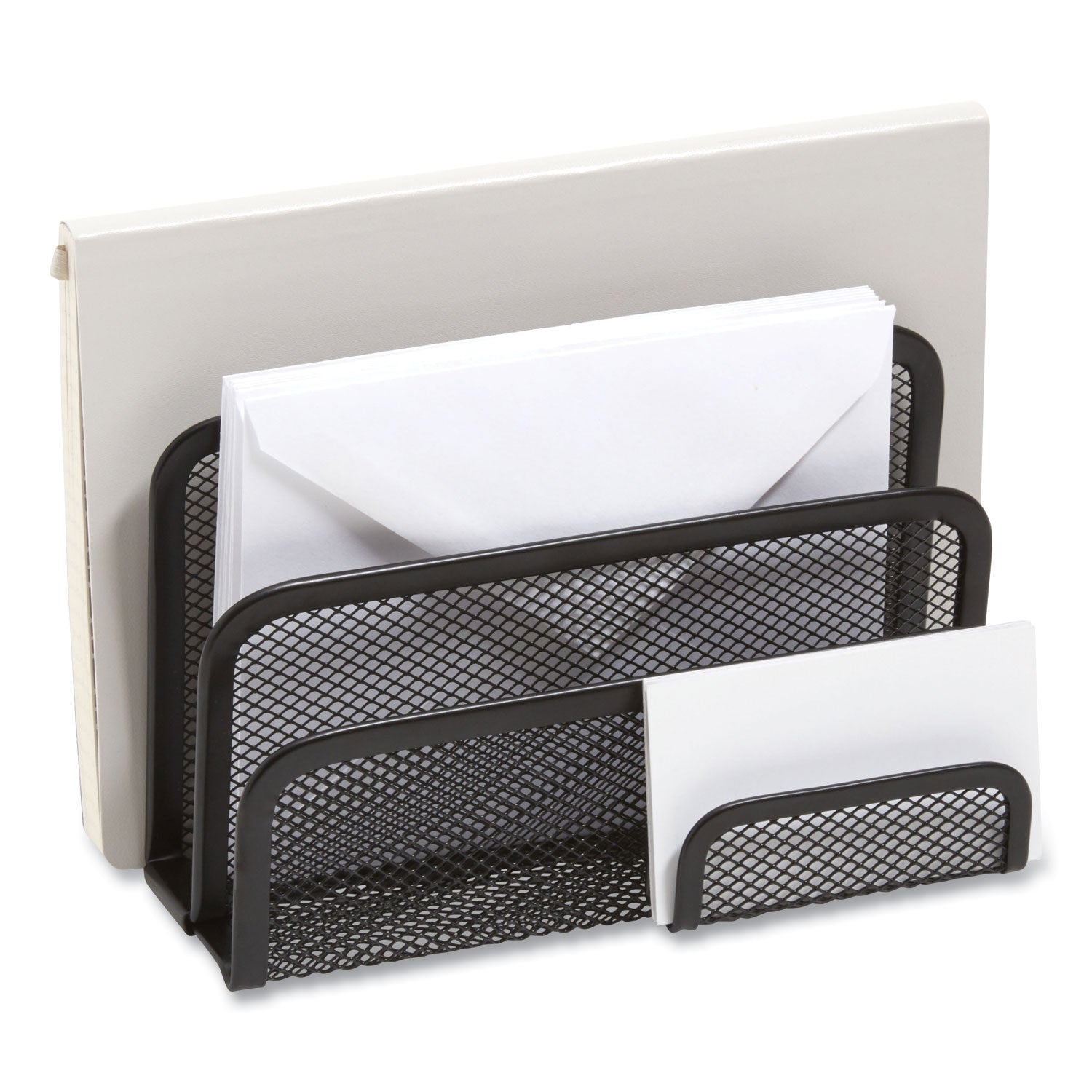 TRU RED™ Wire Mesh Mail Sorter With Business Card Holder, 4 Sections, #6 1/4 To #16 Envelopes, 5.59 X 3.93 X 7.55, Matte Black