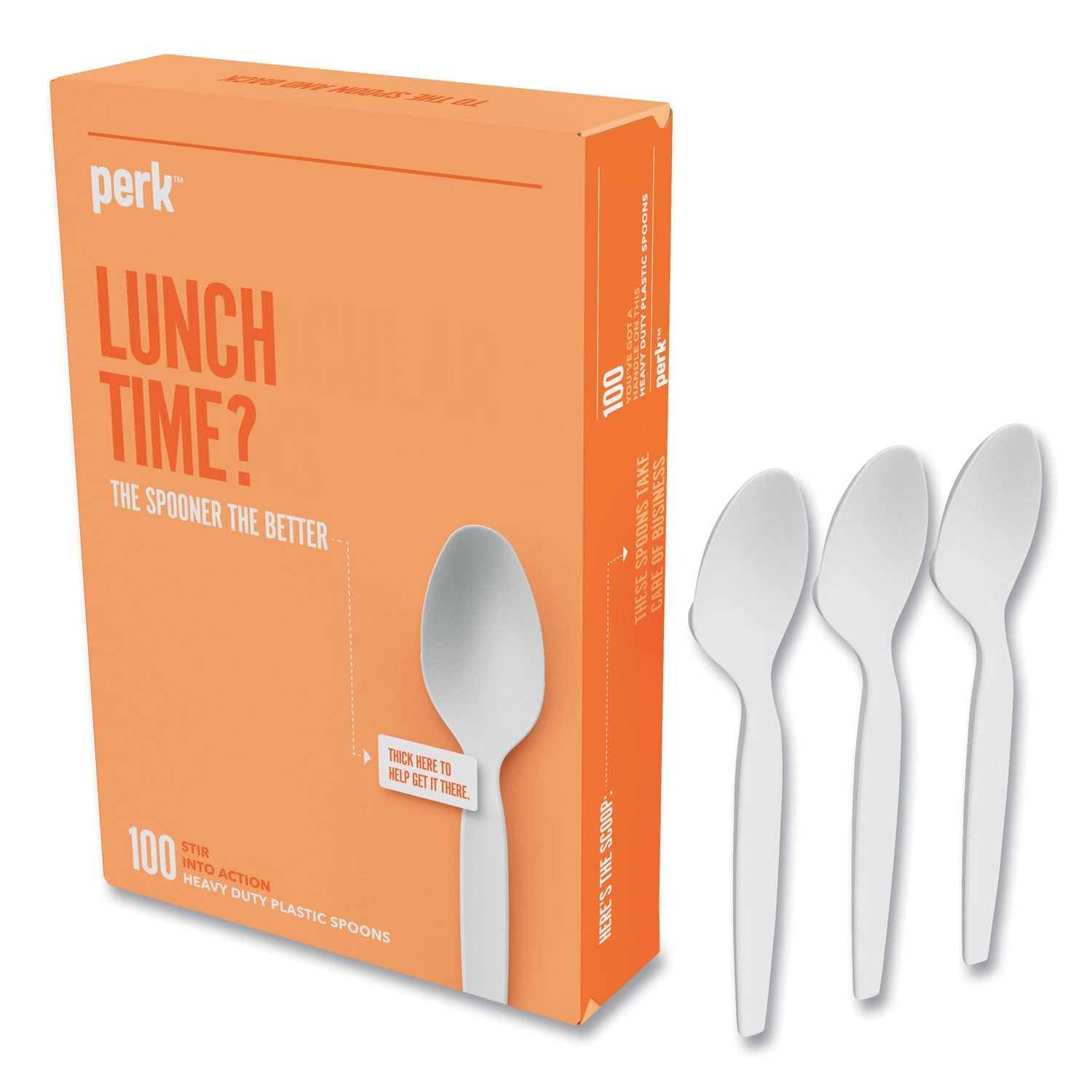 Perk™ Heavyweight Plastic Cutlery, Spoon, Plastic, White, 100/Pack