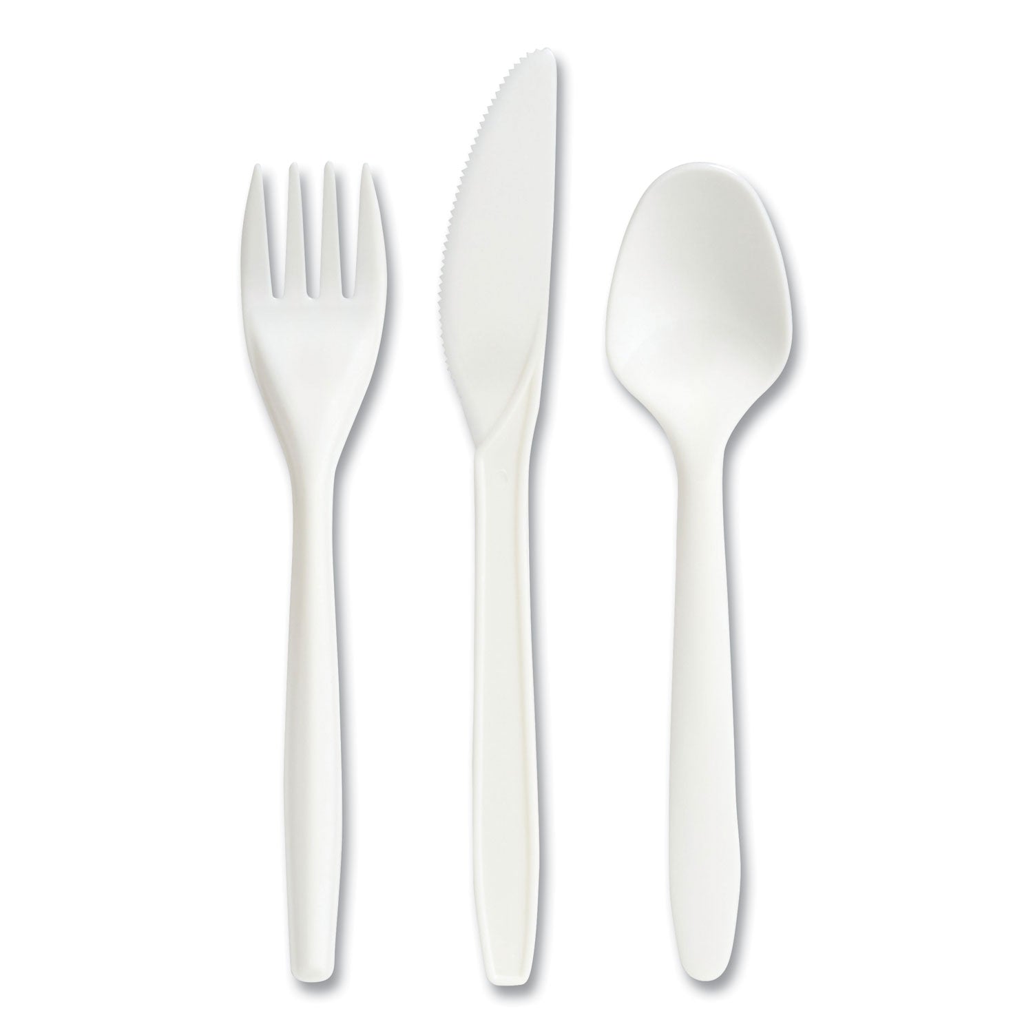 Perk™ Eco-ID Mediumweight Compostable Cutlery, Fork/Knife/Spoon, Plastic, White, 120/Pack