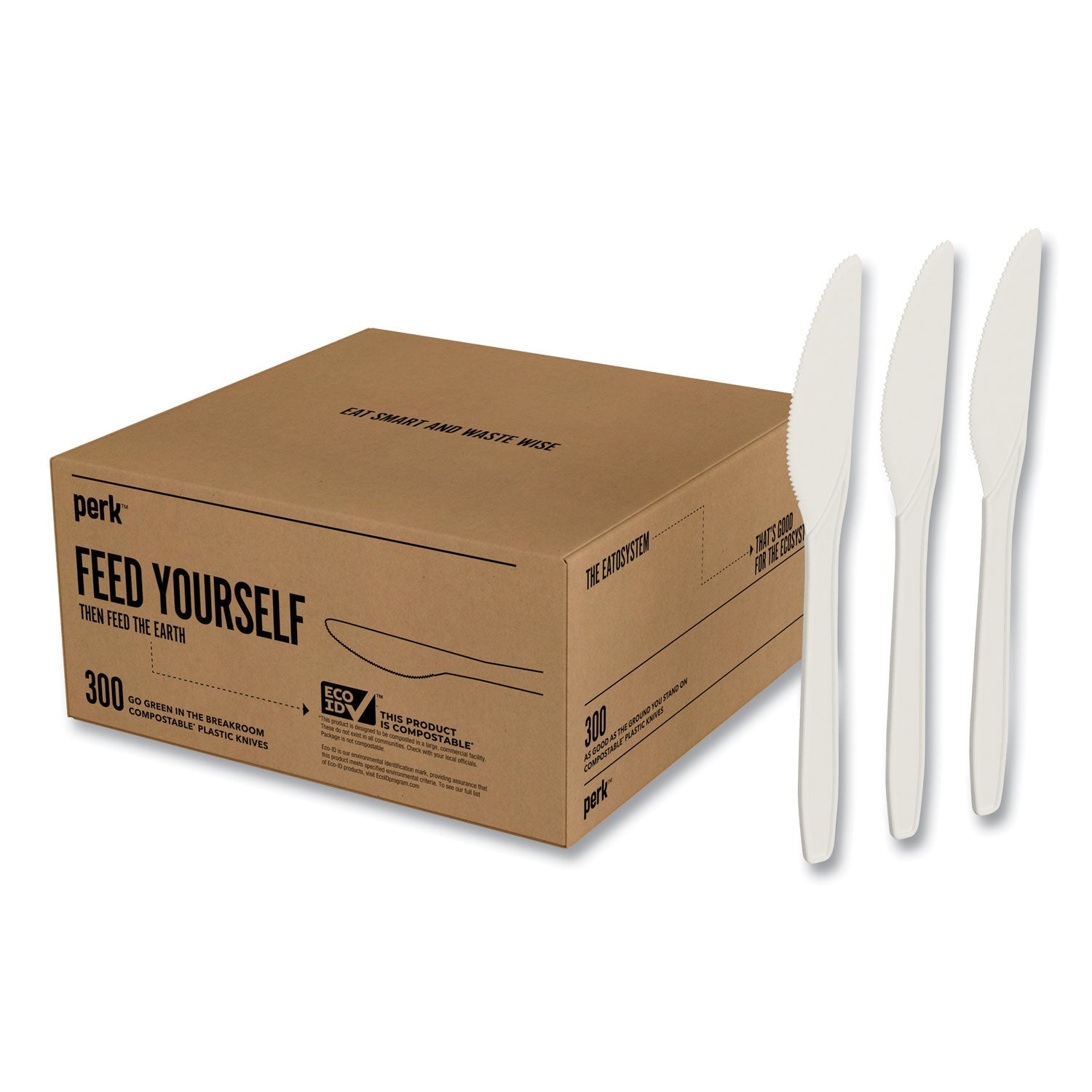 Perk™ Eco-ID Compostable Cutlery, Mediumweight Knife, Plastic, White, 300/Pack