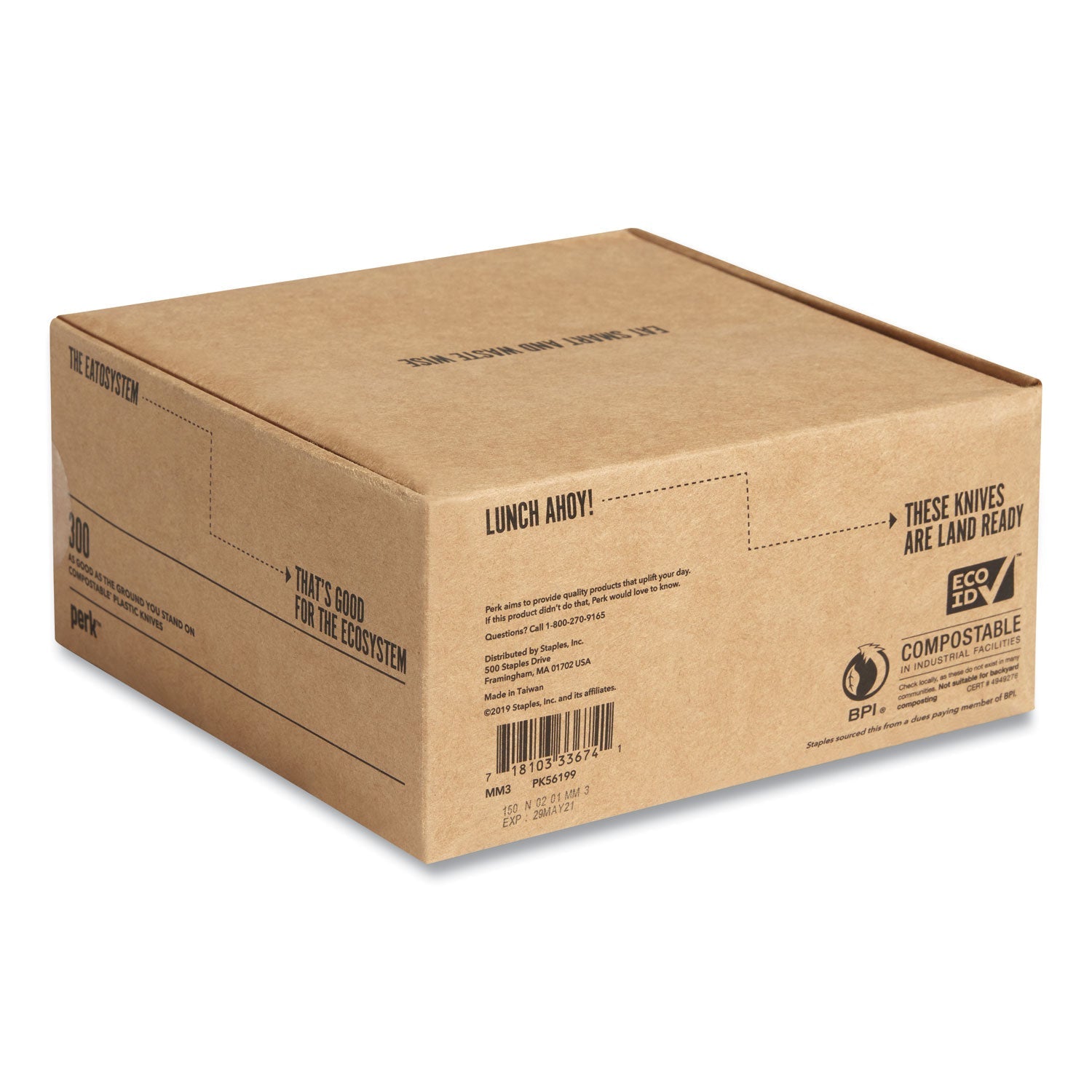 Perk™ Eco-ID Compostable Cutlery, Mediumweight Knife, Plastic, White, 300/Pack