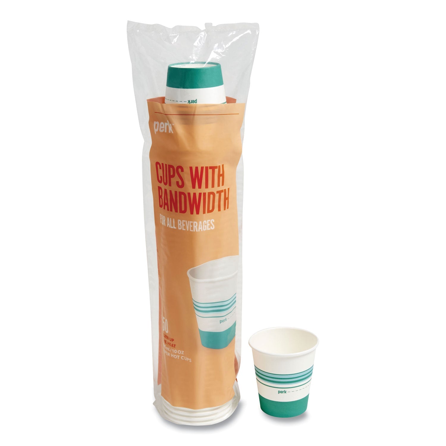 Perk™ Paper Hot Cups, 10 oz, White/Teal, 50/Pack
