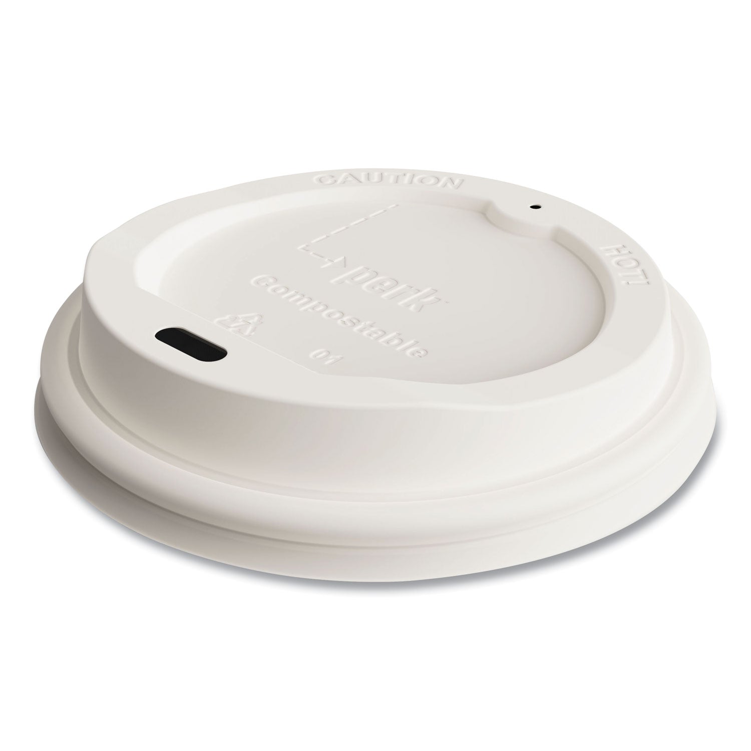 Perk™ Compostable Plastic Hot Cup Lids, Fits 10 oz/12 oz/16 oz Hot Cups, White, 50/Pack