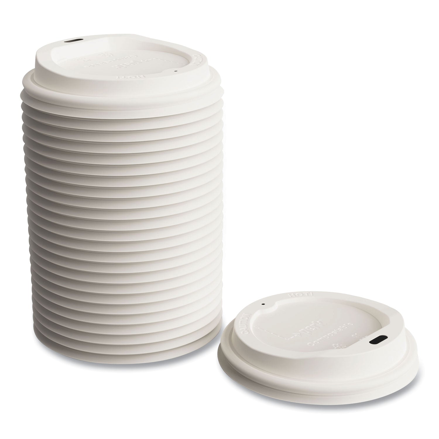 Perk™ Compostable Plastic Hot Cup Lids, Fits 10 oz/12 oz/16 oz Hot Cups, White, 50/Pack