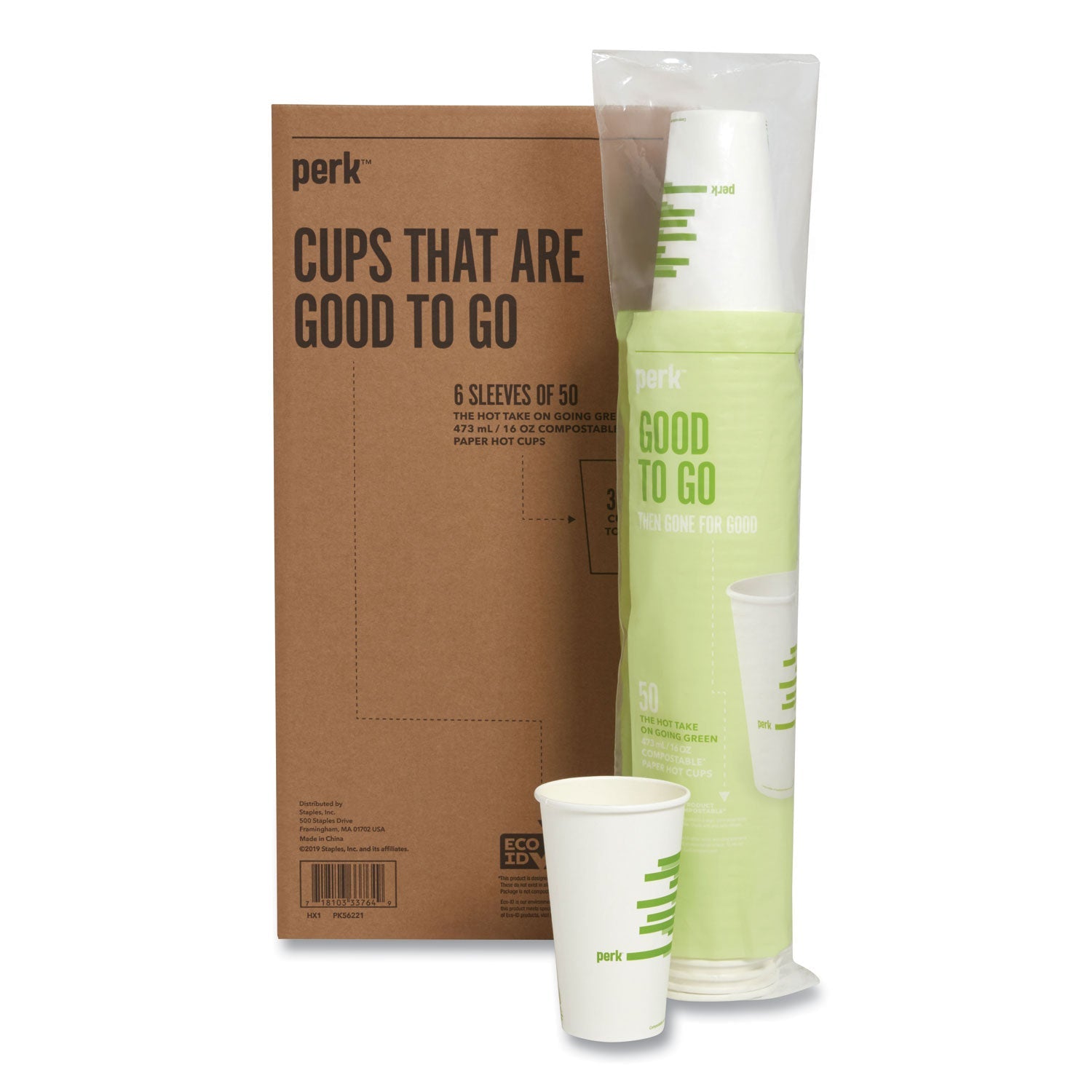 Perk™ Eco-Id Compostable Paper Hot Cups, 16 Oz, White/green, 50/pack, 6 Packs/carton