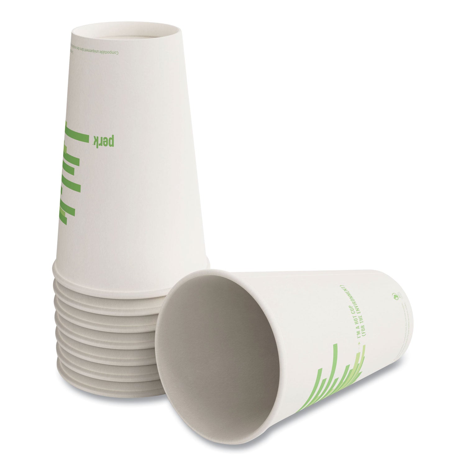 Perk™ Eco-ID Compostable Paper Hot Cups, 12 oz, White/Green, 50/Pack