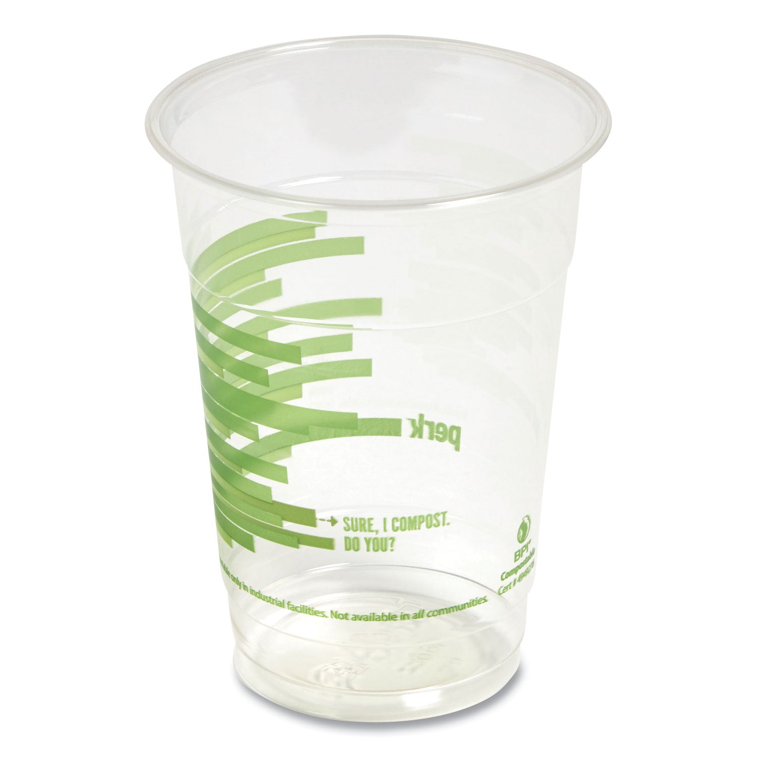 Perk™ Eco-ID Compostable PLA Corn Plastic Cold Cups, 16 oz, Clear/Green, 50/Pack, 6 Packs/Carton
