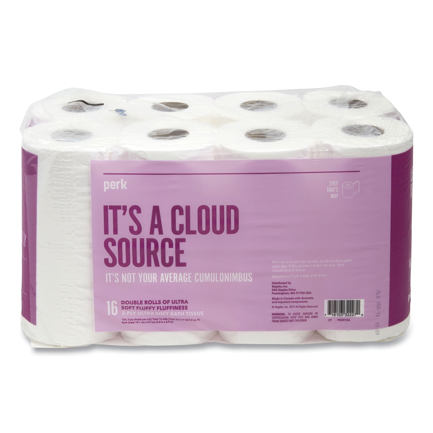 Perk™ Ultra Soft 2-Ply Standard Toilet Paper, Septic Safe, White, 154 Sheets/Roll, 16 Rolls/Pack