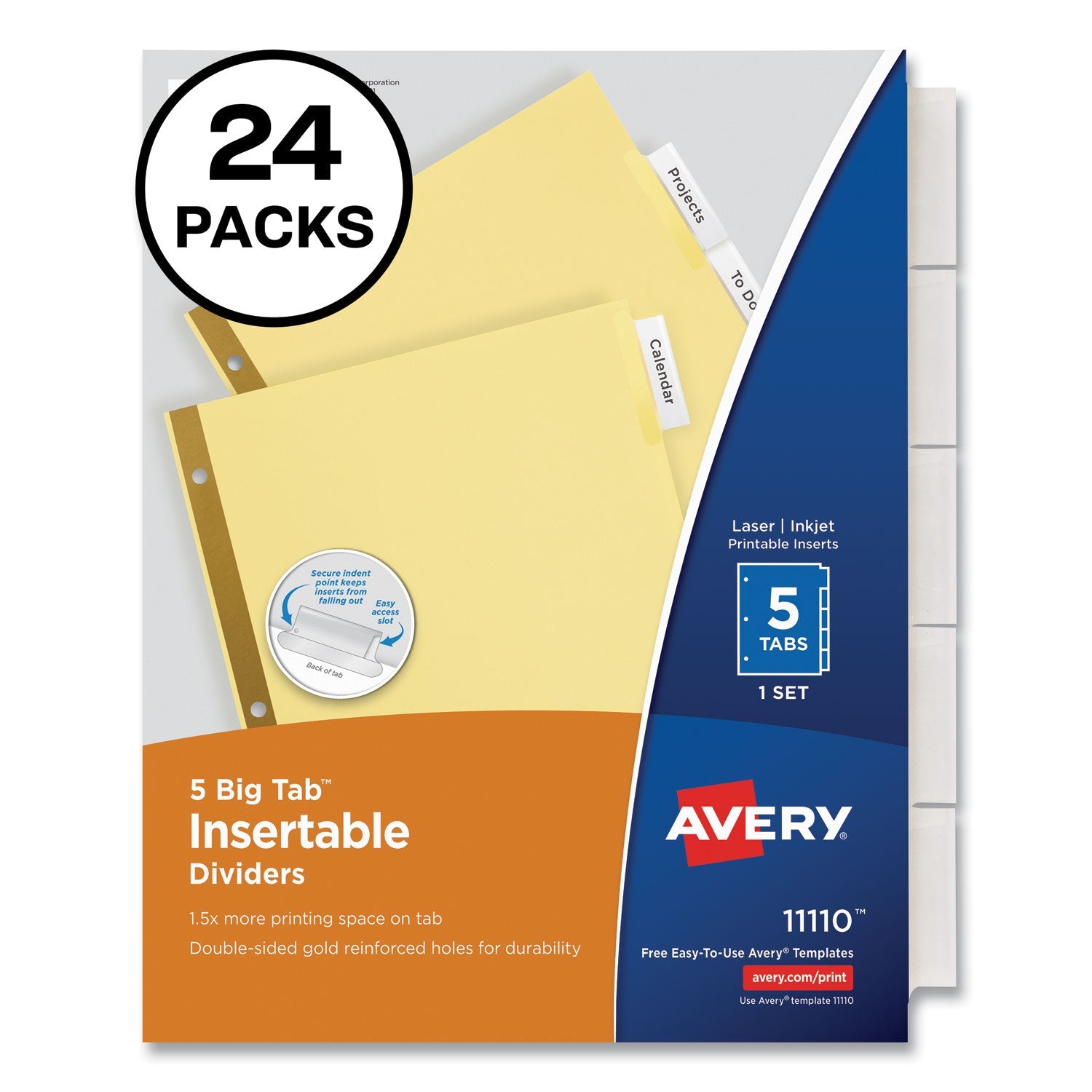 Avery® Insertable Big Tab Dividers, 5-Tab, Double-Sided Gold Edge Reinforcing, 11 x 8.5, Buff, Clear Tabs, 24 Sets