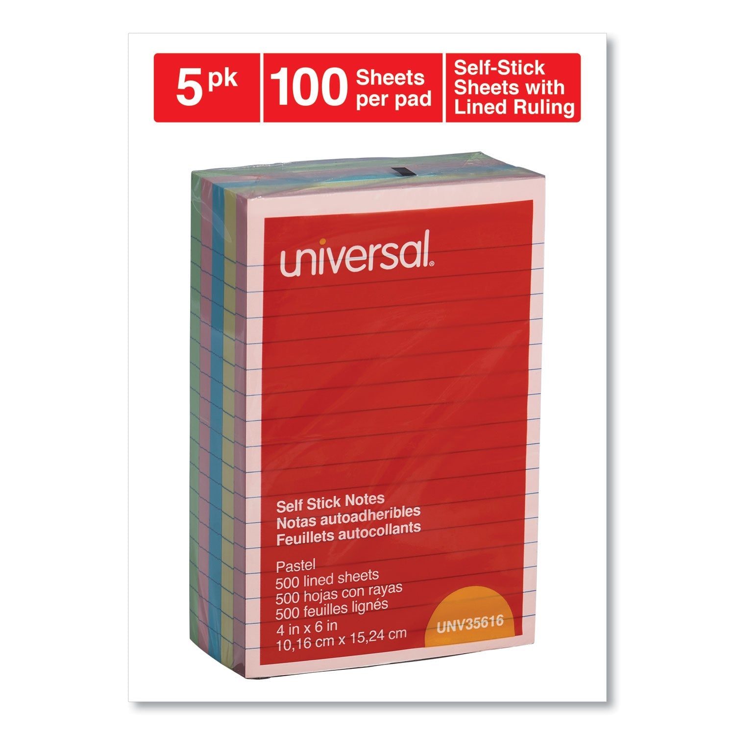 Universal® Self-Stick Note Pads, Note Ruled, 4" x 6", Assorted Pastel Colors, 100 Sheets/Pad, 5 Pads/Pack