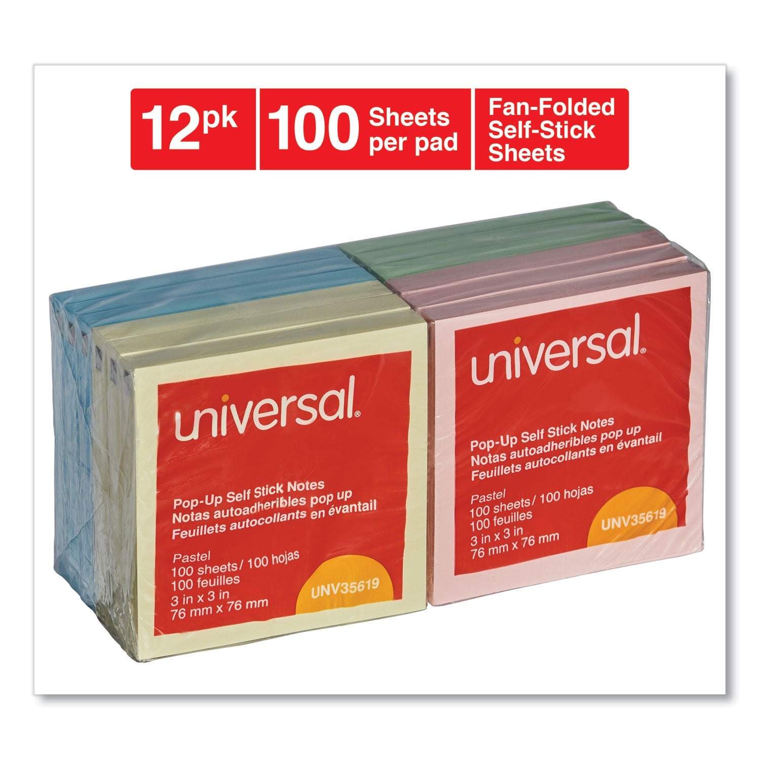 Universal® Fan-Folded Self-Stick Pop-Up Note Pads, 3" x 3", Assorted Pastel Colors, 100 Sheets/Pad, 12 Pads/Pack