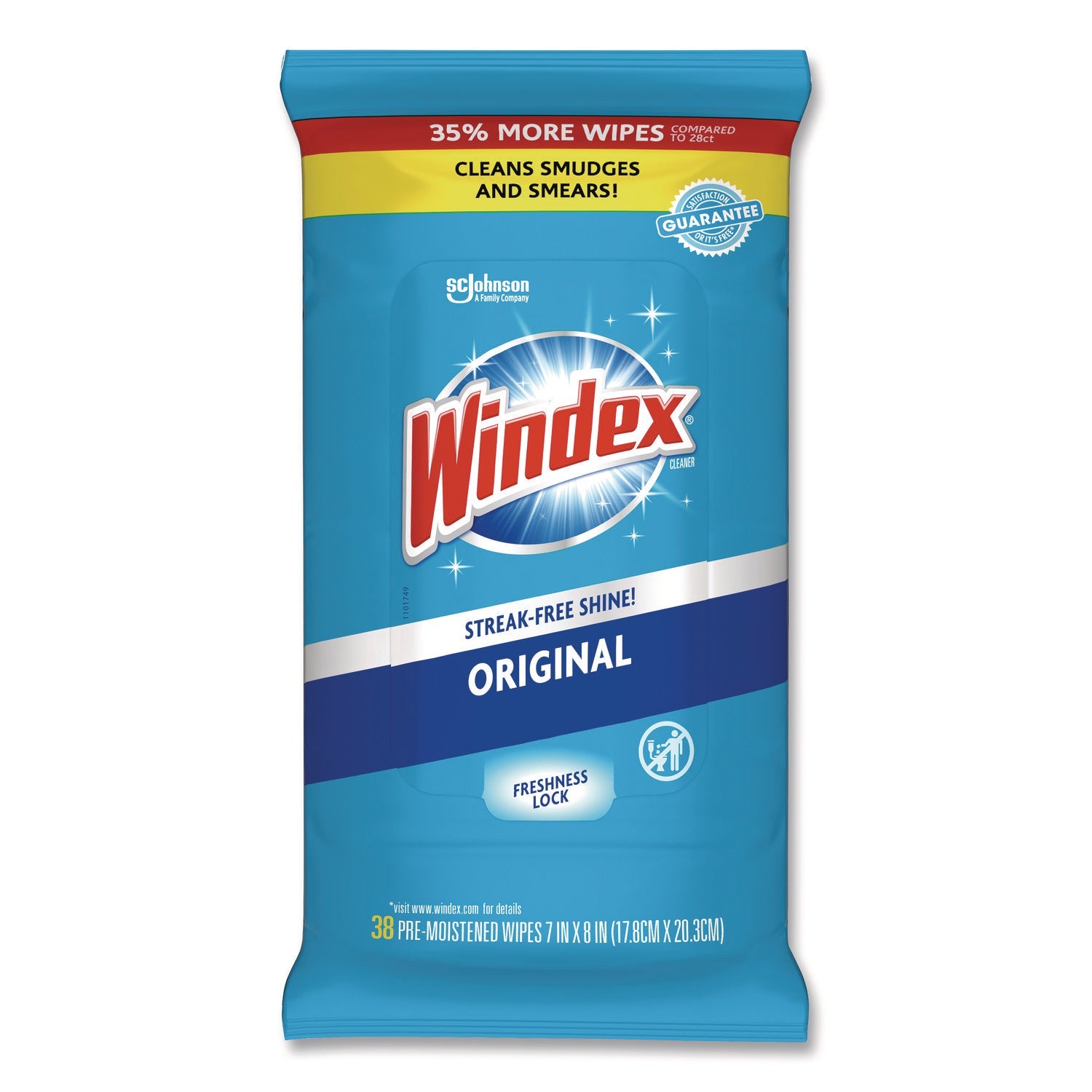 Windex® Glass and Surface Wet Wipe, Cloth, 7 x 8, Unscented, White, 38/Pack, 12 Packs/Carton