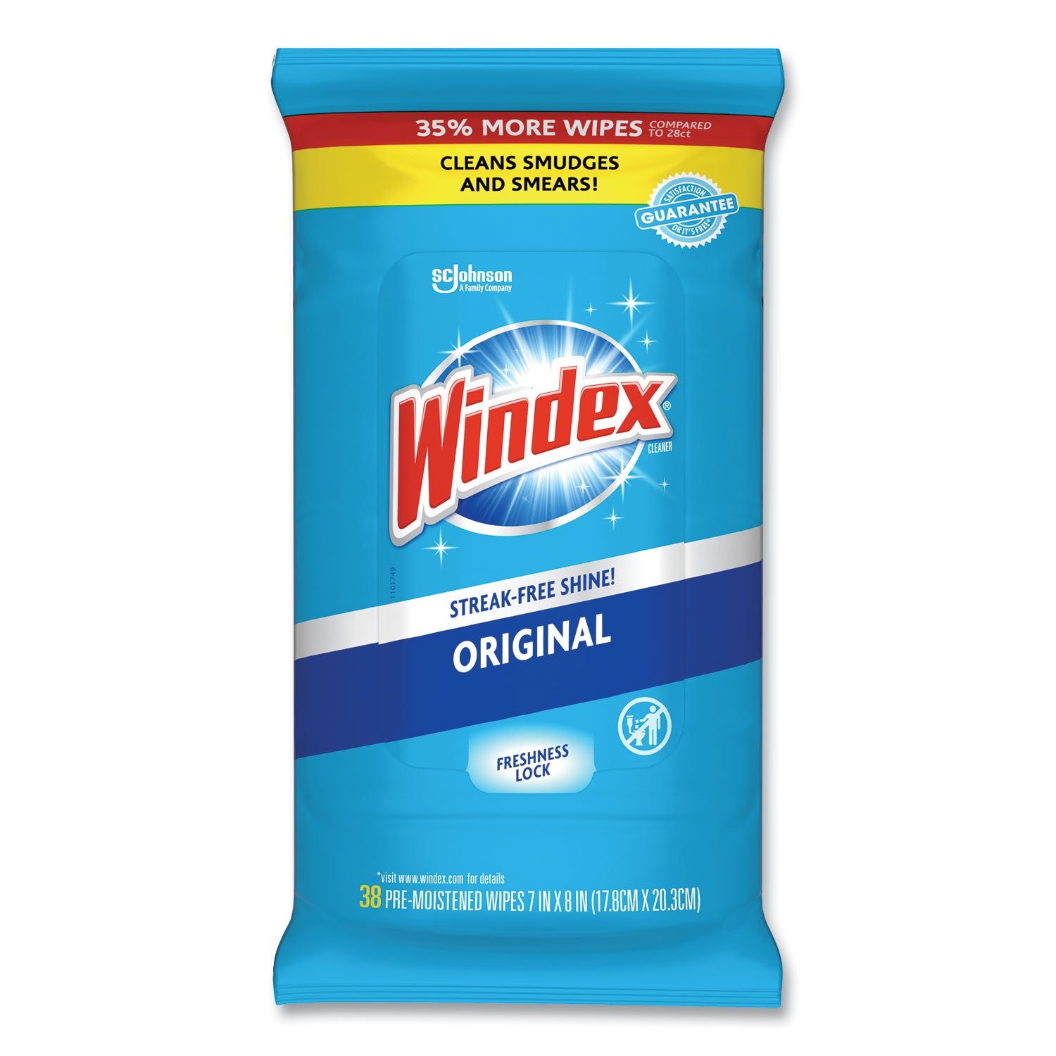 Windex® Glass and Surface Wet Wipe, Cloth, 7 x 8, Unscented, White, 38/Pack