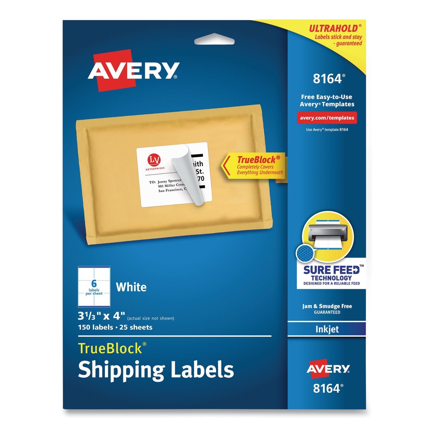 Avery® Shipping Labels W/ Trueblock Technology, Inkjet Printers, 3.33 X 4, White, 6/sheet, 25 Sheets/pack