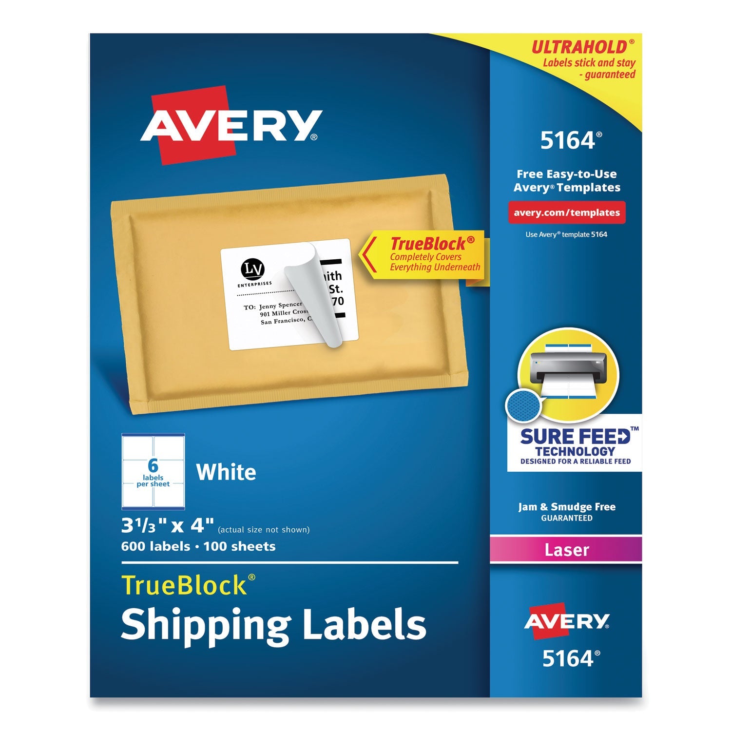 Avery® Shipping Labels W/ Trueblock Technology, Laser Printers, 3.33 X 4, White, 6/sheet, 100 Sheets/box