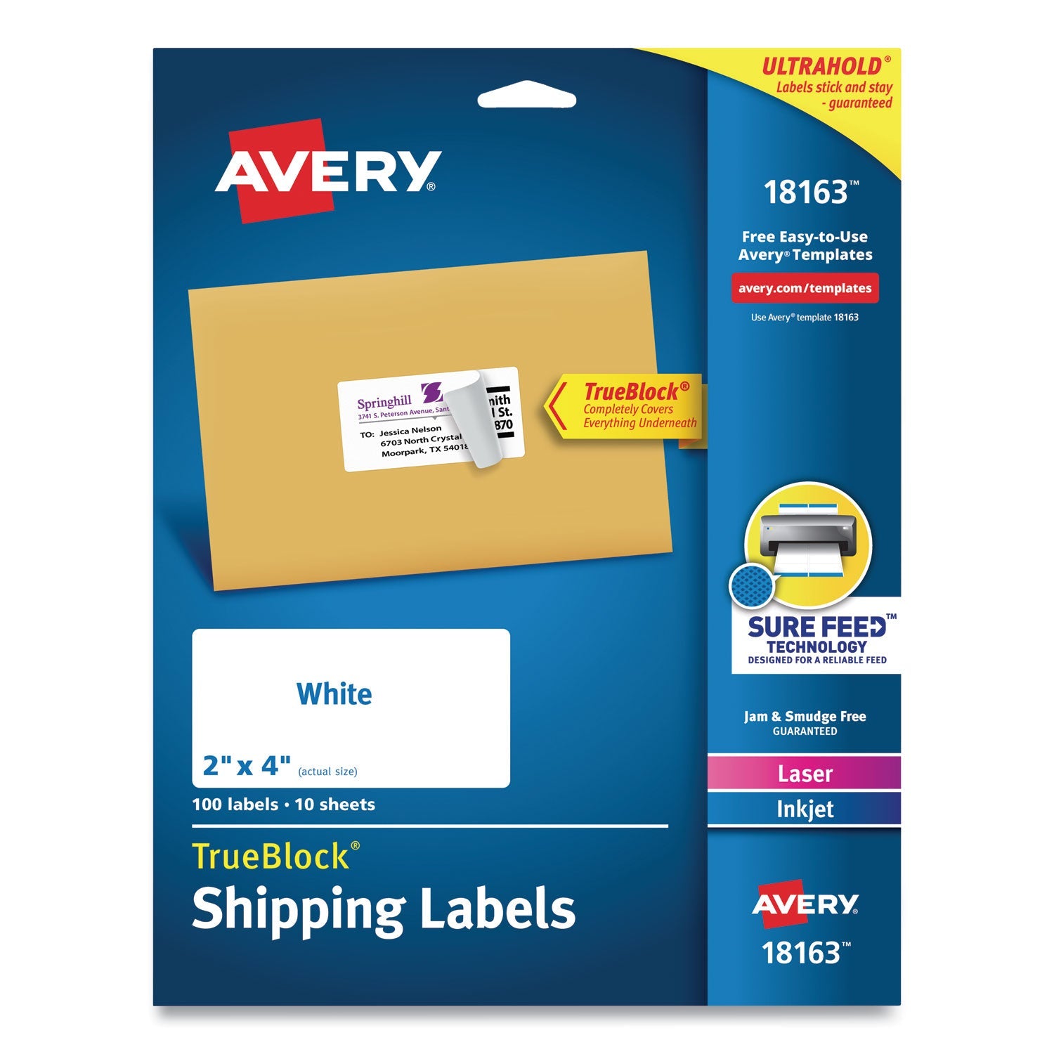 Avery® Shipping Labels W/ Trueblock Technology, Inkjet Printers, 2 X 4, White, 10/sheet, 10 Sheets/pack