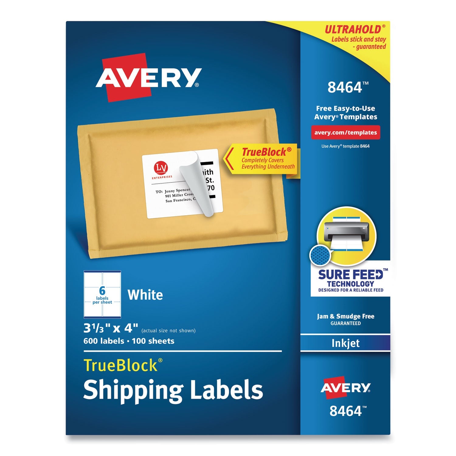 Avery® Shipping Labels W/ Trueblock Technology, Inkjet Printers, 3.33 X 4, White, 6/sheet, 100 Sheets/box