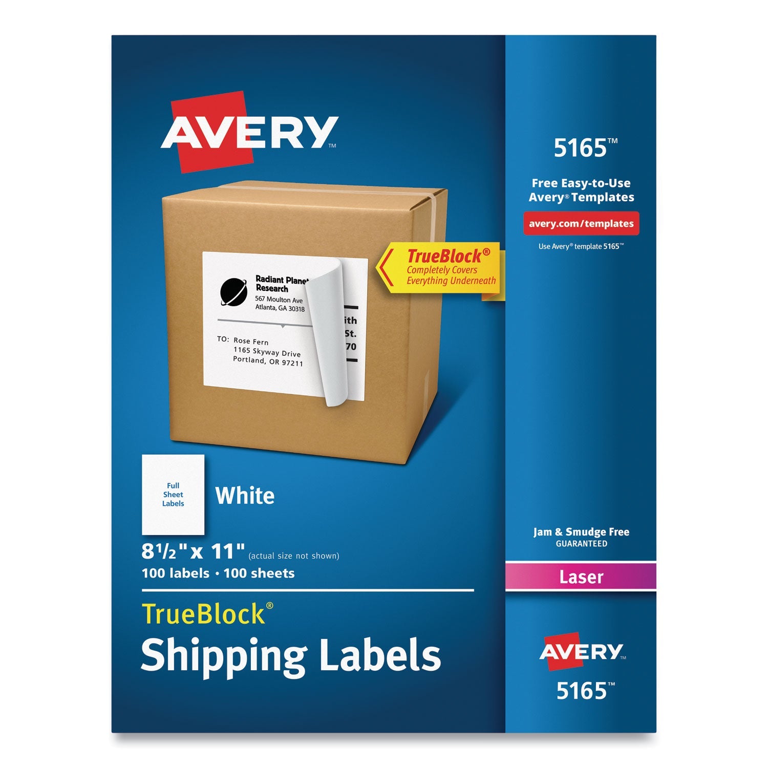 Avery® Shipping Labels With Trueblock Technology, Laser Printers, 8.5 X 11, White, 100/box