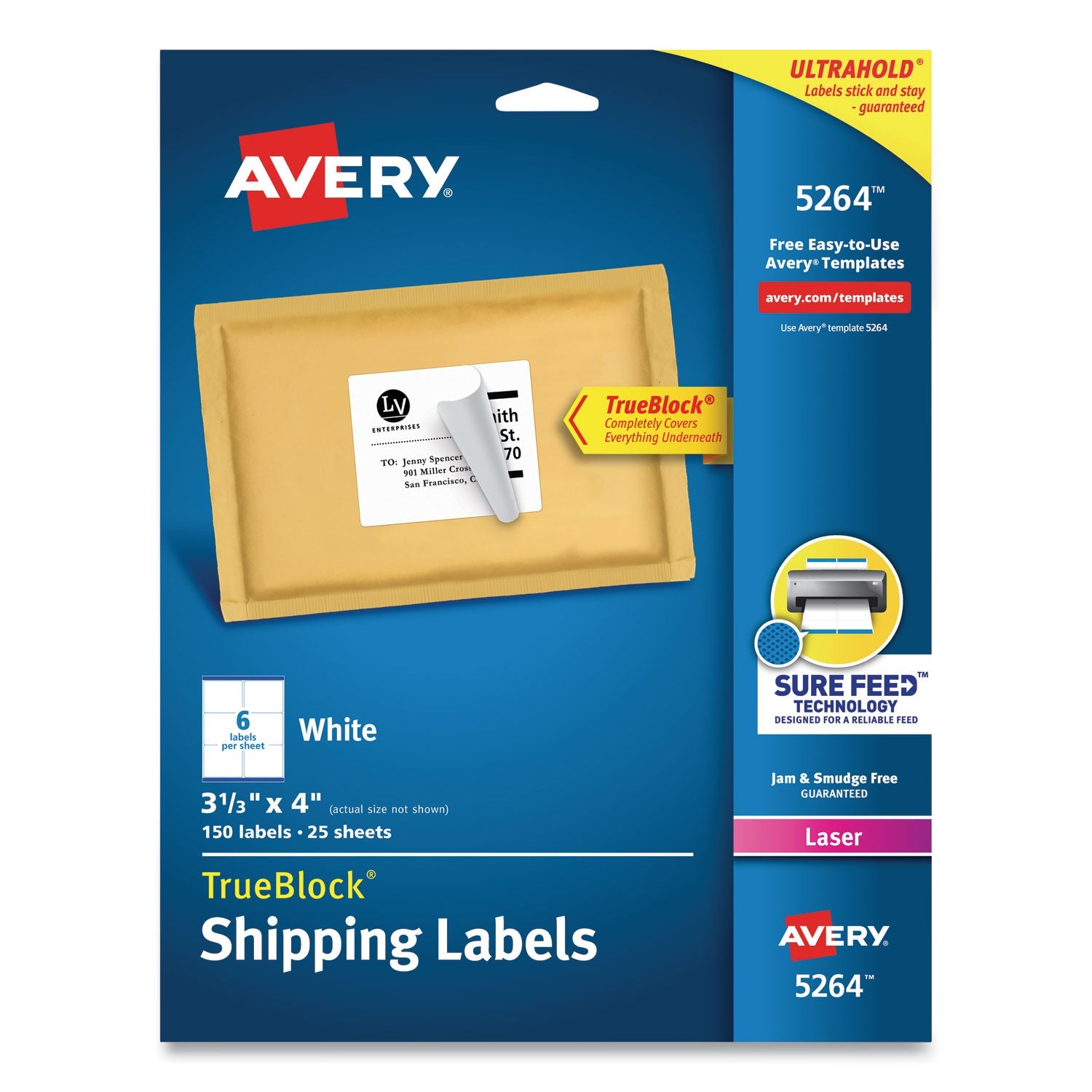 Avery® Shipping Labels W/ Trueblock Technology, Laser Printers, 3.33 X 4, White, 6/sheet, 25 Sheets/pack