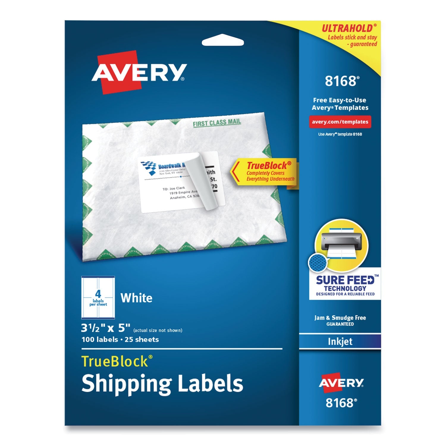 Avery® Shipping Labels W/ Trueblock Technology, Inkjet Printers, 3.5 X 5, White, 4/sheet, 25 Sheets/pack