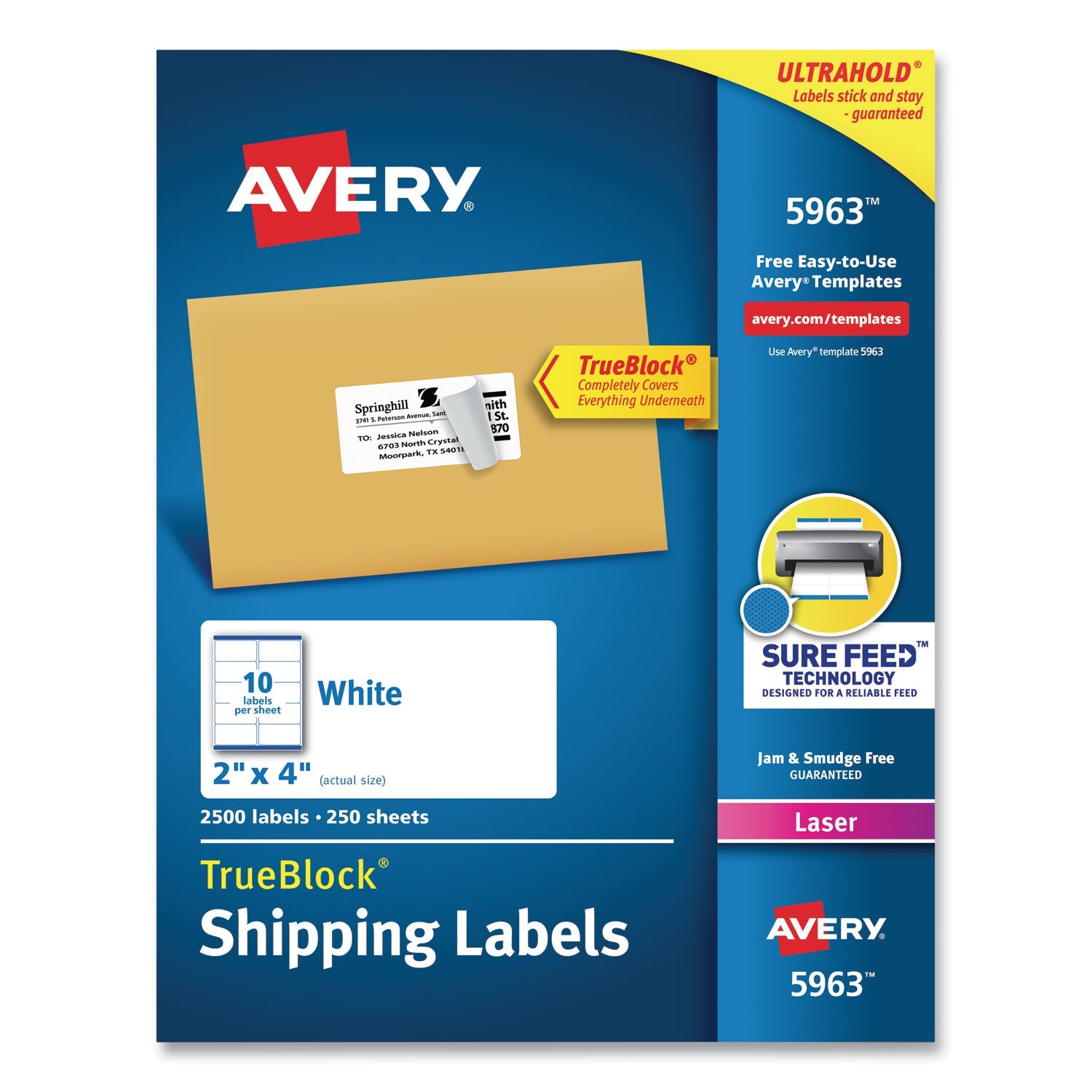Avery® Shipping Labels W/ Trueblock Technology, Laser Printers, 2 X 4, White, 10/sheet, 250 Sheets/box